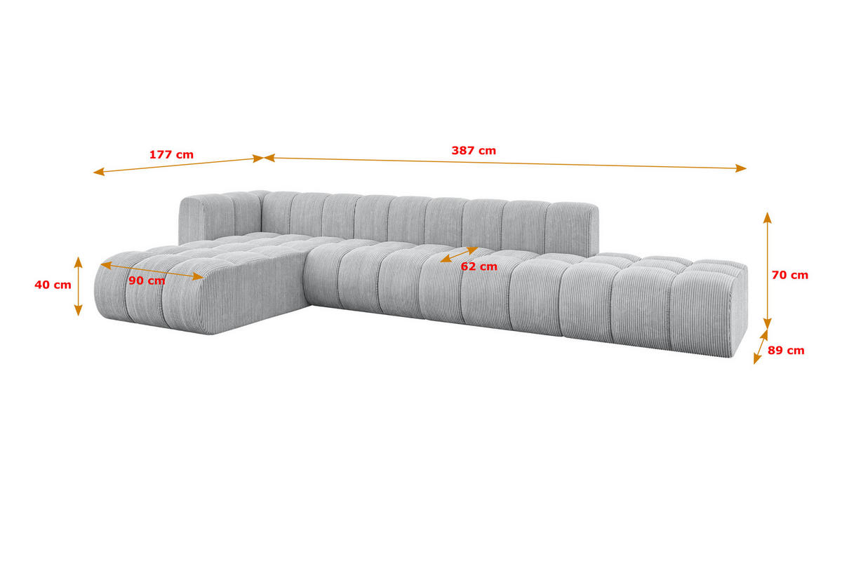ECKSOFA modulares Sofa Zuvon-L2 - 387x177x70 cm Grau - Grau, Holzwerkstoff/Textil (387/177cm) - ALTDECOR