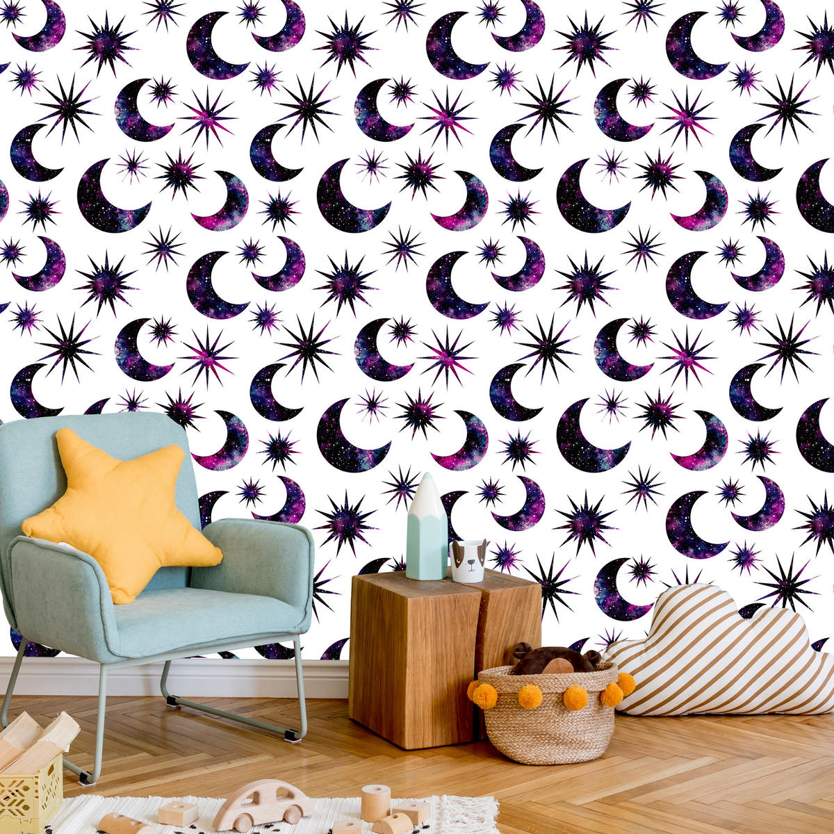 VLIESTAPETE Monde und Sterne – Lila, Schwarz, Weiß – 50x1000 cm - Lila/Schwarz, Papier (50/1000cm) - Muralo