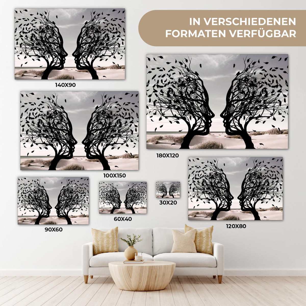 LEINWANDBILD Strand - Meer - Menschen - Baum - Moderne Kunst 150x100 cm - Hellgrau, Textil (150/100cm) - MuchoWow