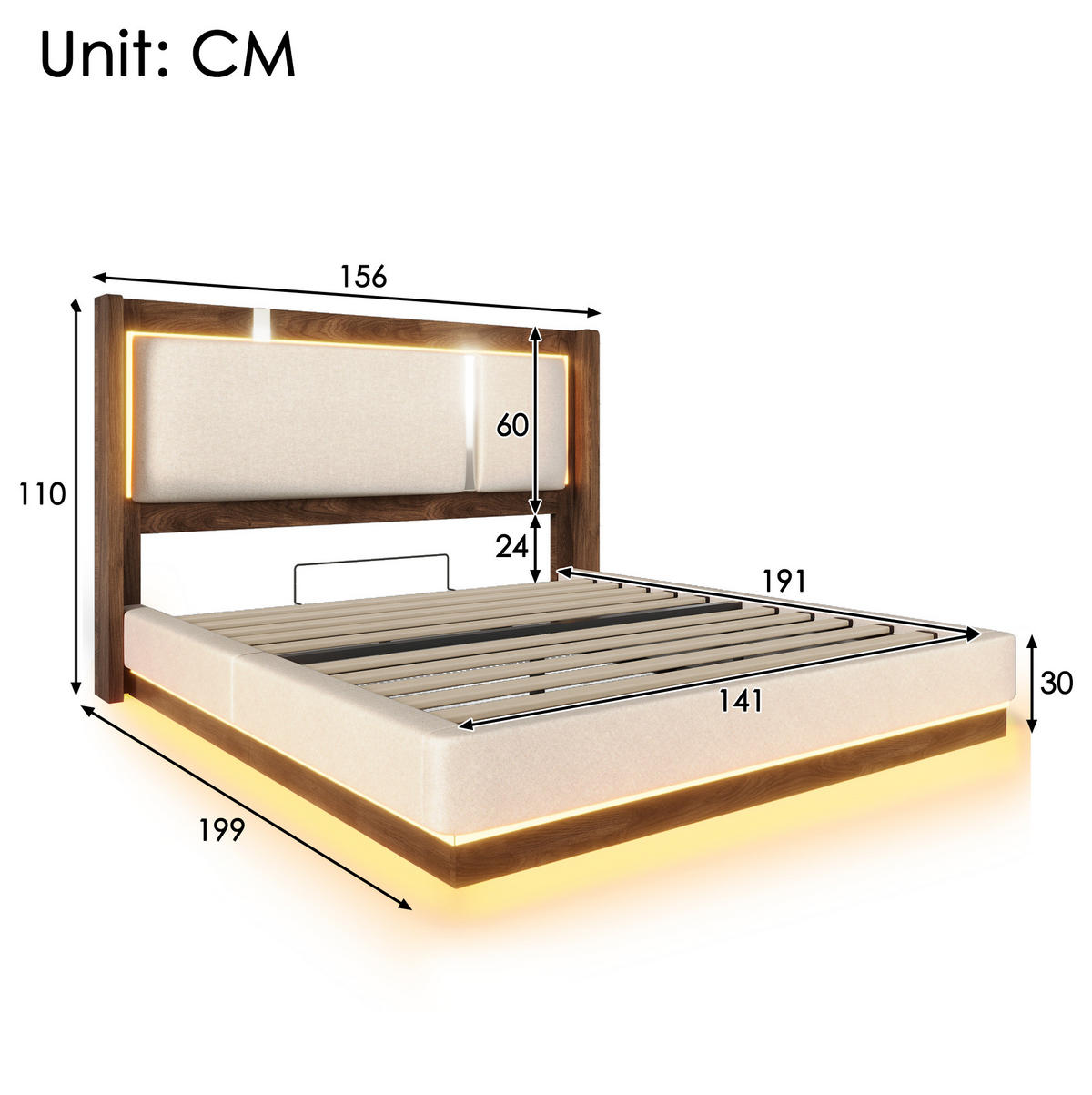 POLSTERBETT 140/190 cm aus Leinen und Holz mit LED und Bettkasten Beige - Beige, Textil (140/190cm) - Modenvie