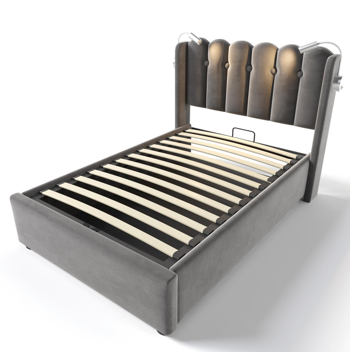 POLSTERBETT 90/200 cm Grau mit Leselicht und Ladefunktion Mit Matratze - Grau, Textil (90/200cm) - OKWISH
