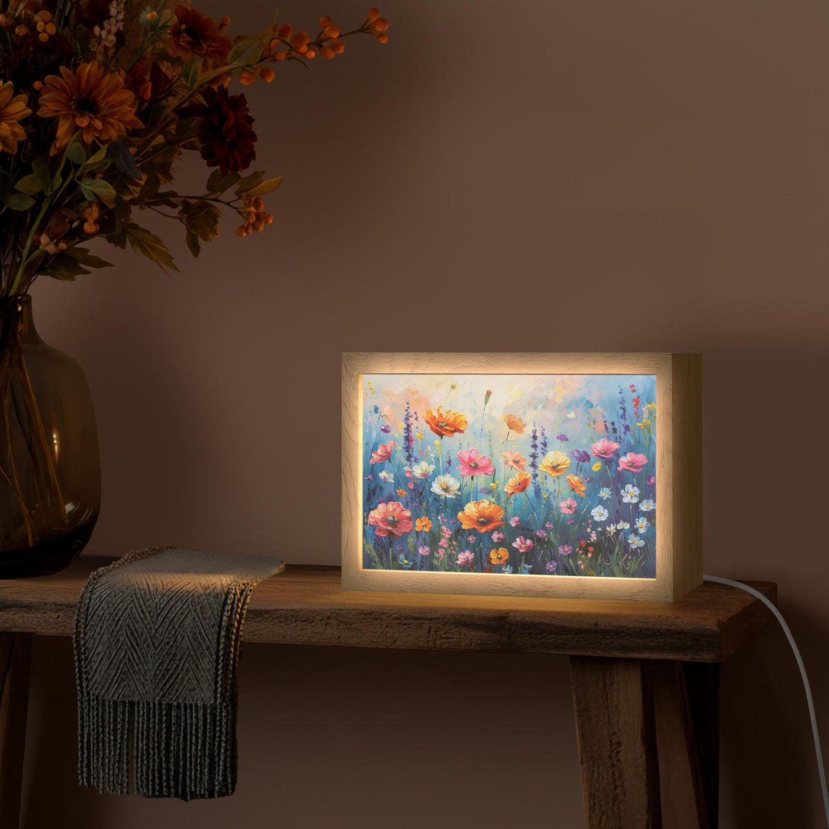 NÁSTĚNNÁ LAMPA Květiny - Příroda - Akvarel - Umění 30x20 cm - různobarevná, kompozitní dřevo (30/20/8cm) - OnlyWow