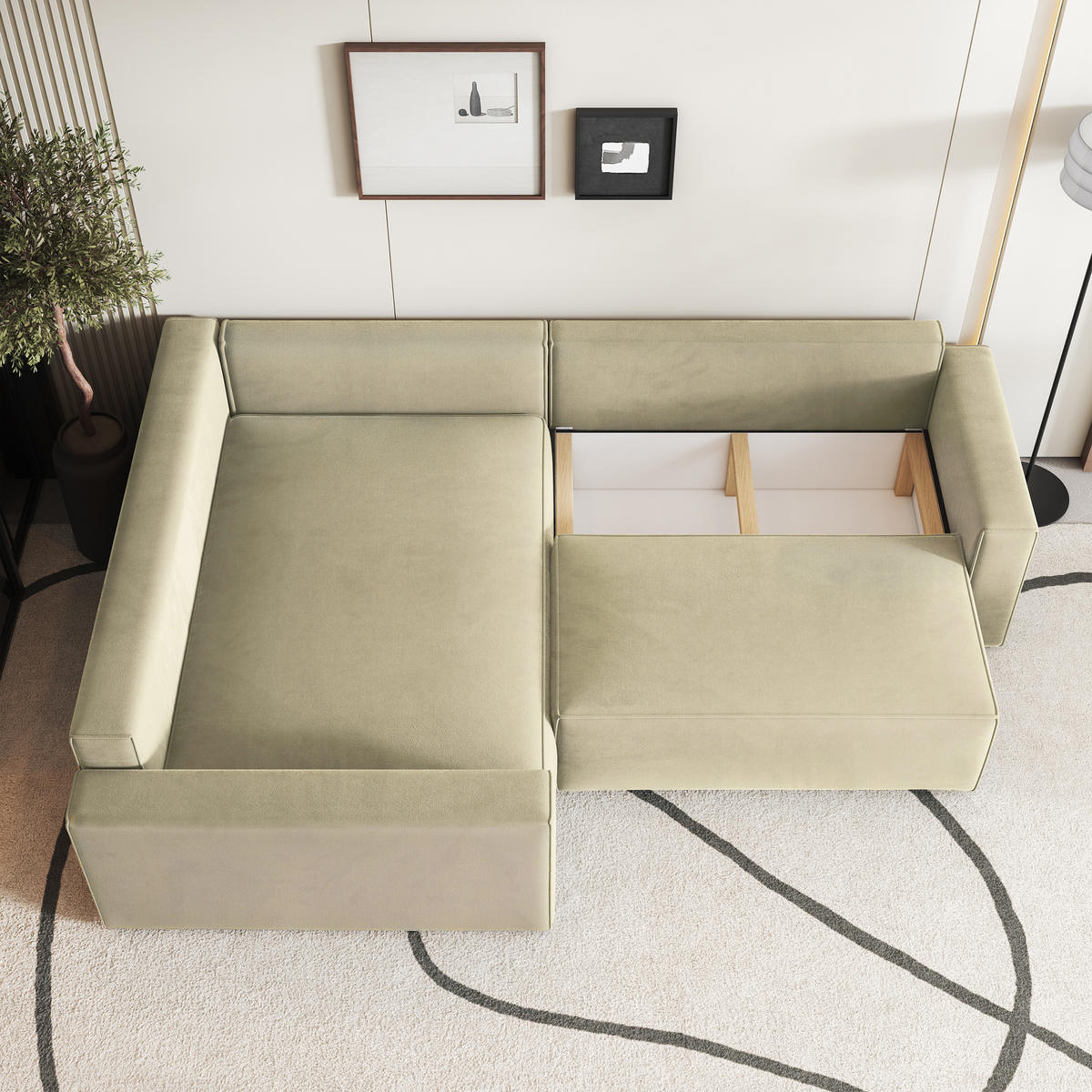 ECKSOFA ERONIS L-S Creme Velours-Stoff mit Schlaffunktion - Creme, Holz (265/194cm) - MASSENO