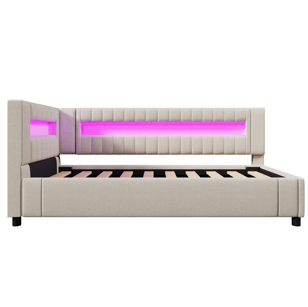 POLSTERBETT 90/200 cm in Beige mit LED-Beleuchtung, Stauraum und USB- und Type-C-Anschlüssen - Beige, Textil (90/200cm) - Flora Grace