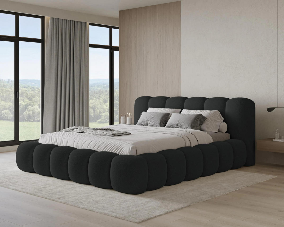 POLSTERBETT Stone 180x200 cm mit Bettkasten, Lattenrost und Kopfteil - Holzrahmen, Bouclé Schwarz - Schwarz, Holz (180/200cm) - Chilly