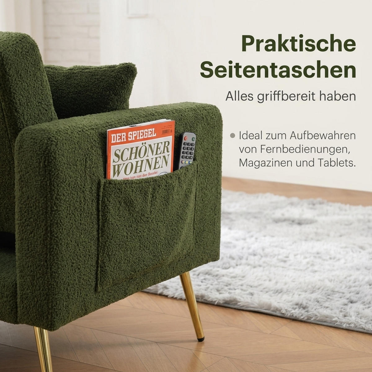 SCHLAFSOFA 175/64/72 cm Antikgrün Wollstoff mit Kissen und seitlichen Aufbewahrungstaschen - Olivgrün, Textil (64/72/175cm) - Oxeza