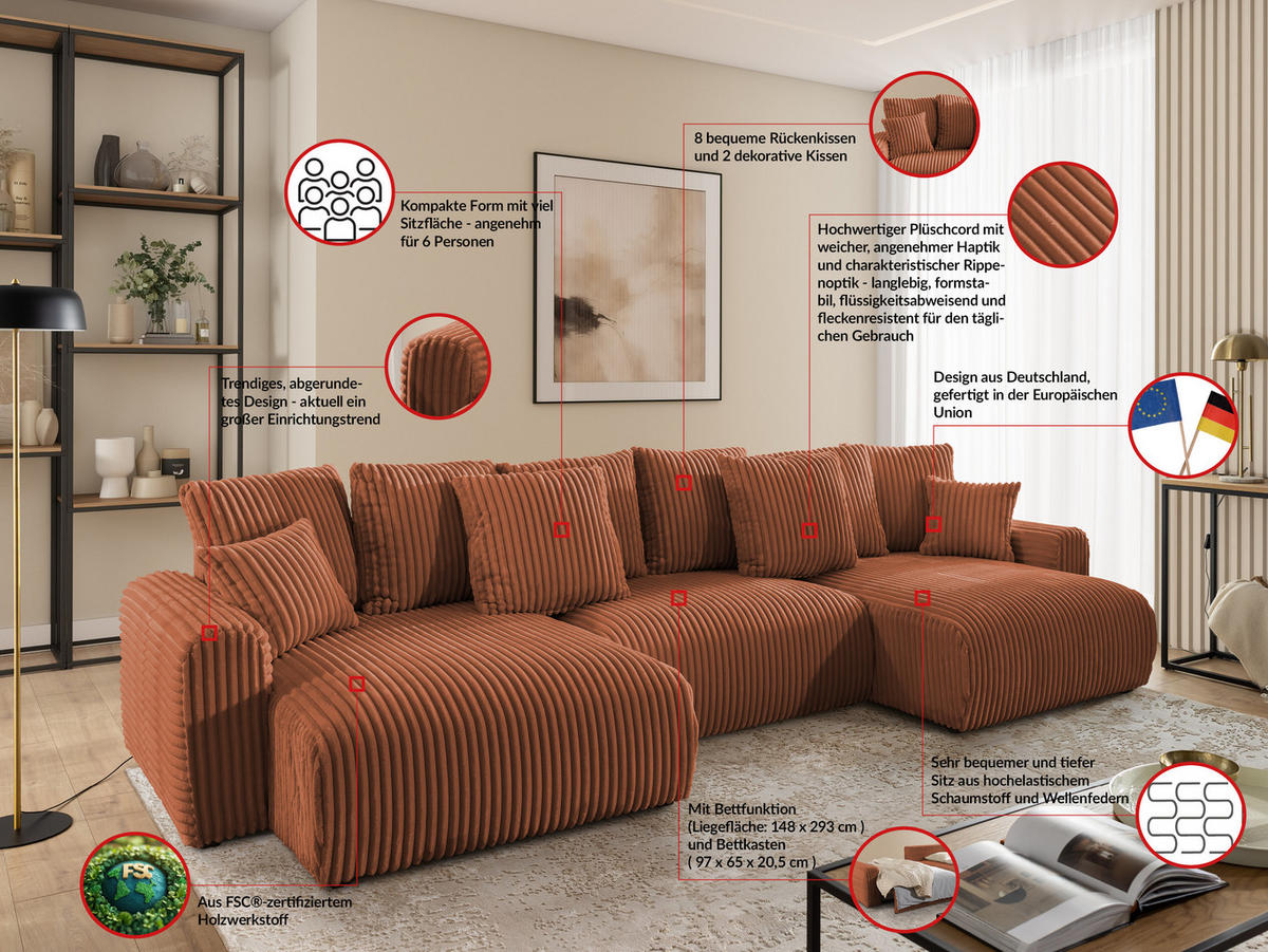 WOHNLANDSCHAFT Calma mit Schlaffunktion und Bettkasten im Bumpy-Design aus weichem Terrakotta Plüschcord - Beige/Terracotta, Holz/Textil (336/88/140cm) - S-Style