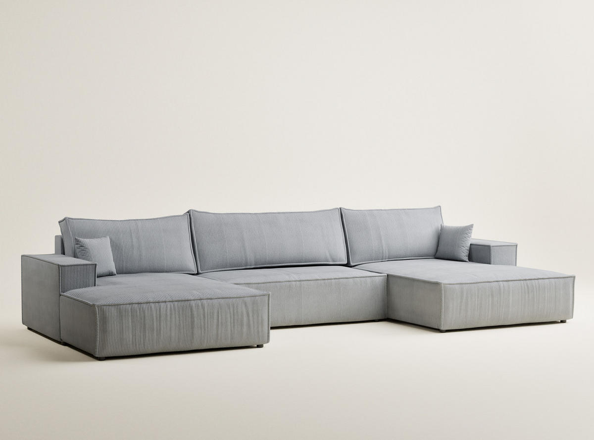 WOHNLANDSCHAFT Kyoto Hellgrau Samtstoff - Hellgrau/Schwarz, Holz/Holzwerkstoff (398/70/148cm) - Maison de Reve