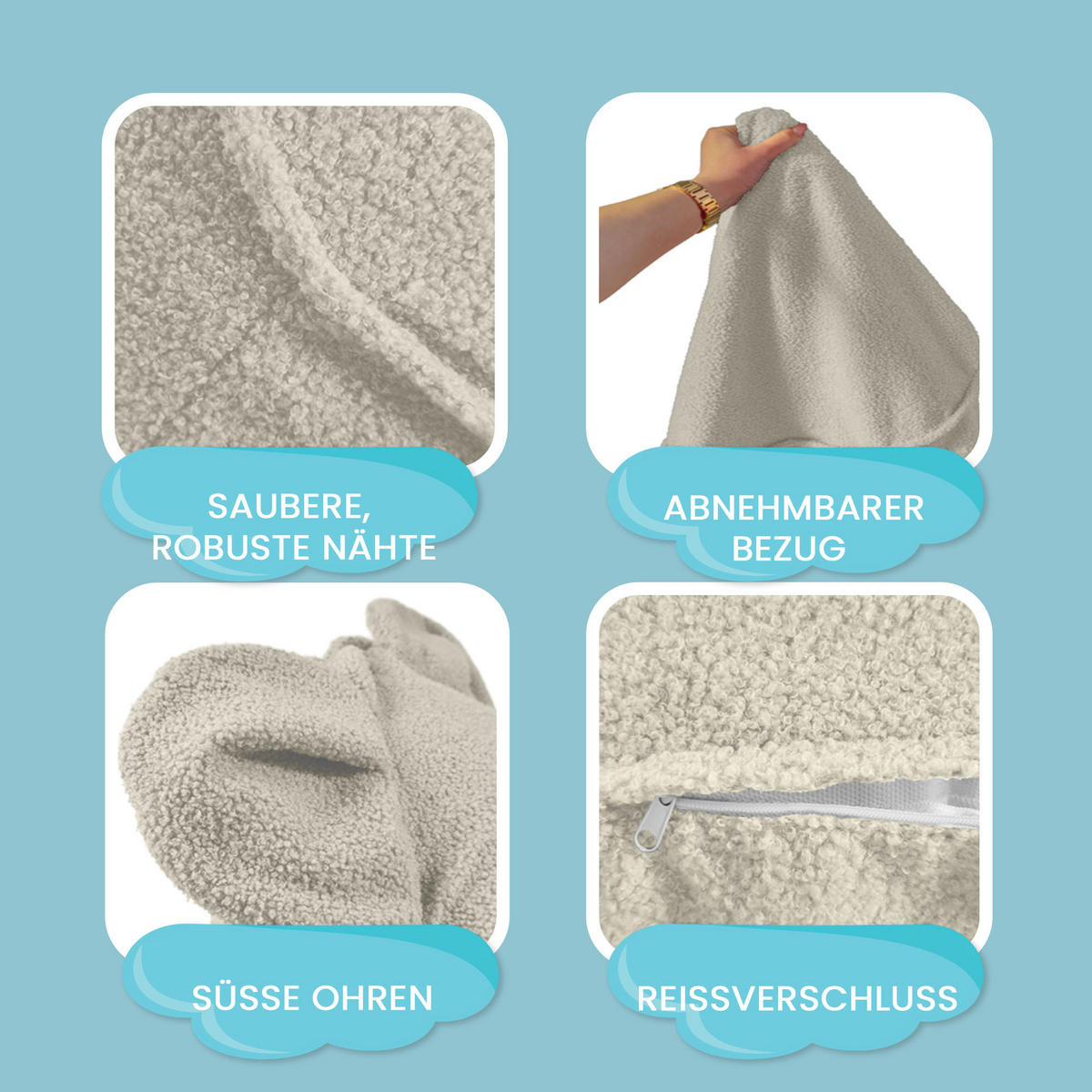 SITZSACK FÜR KINDER Maus 75/75/55 cm, weicher Bouclé 315 g/m², abnehmbarer Bezug, Lamb Cloud - Creme, Textil (75/55/75cm) - Dreamroots