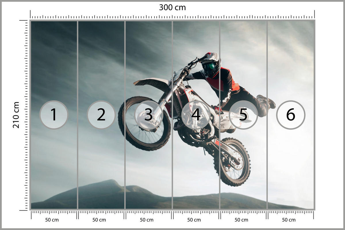 FOTOTAPETE für Jugendzimmer Motocross Sprung Mann Sport Berge Action 300x210 - Grau, Papier (300/210cm) - Muralo