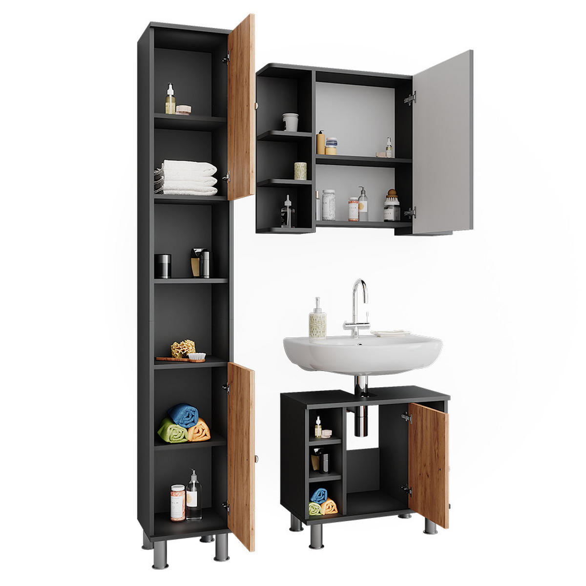 BADMÖBEL-SET Fynn Anthrazit/Goldkraft Eiche 3 Teile mit Hochschrank - Honigeiche/Anthrazit, Holzwerkstoff (60/54/32cm) - Vicco