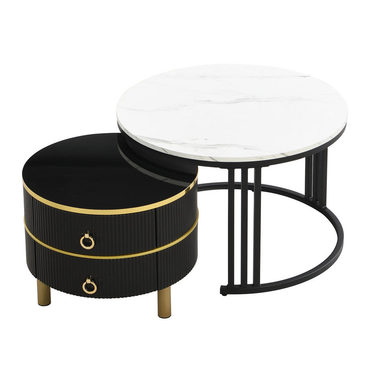 COUCHTISCH 2-in-1 Rund Hochglanz 2 Schubladen Weiß-Schwarz Gold - Schwarz, Holz (56/56/34.5cm) - FLIEKS