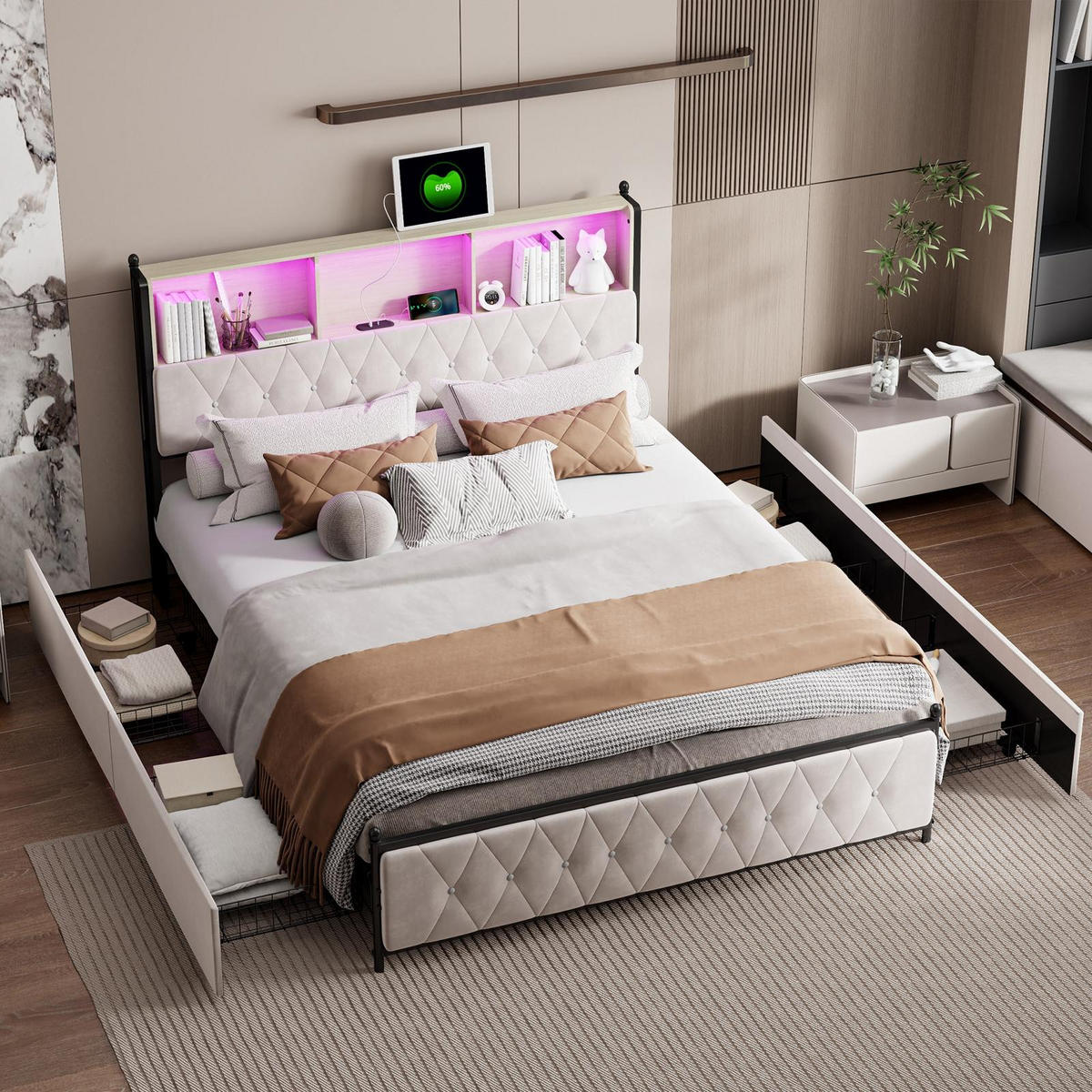 STAURAUMBETT 180/200 cm mit 4 Schubladen, LED und USB-Anschlüssen, Beige - Beige, Holzwerkstoff (180/200cm) - Brevoria