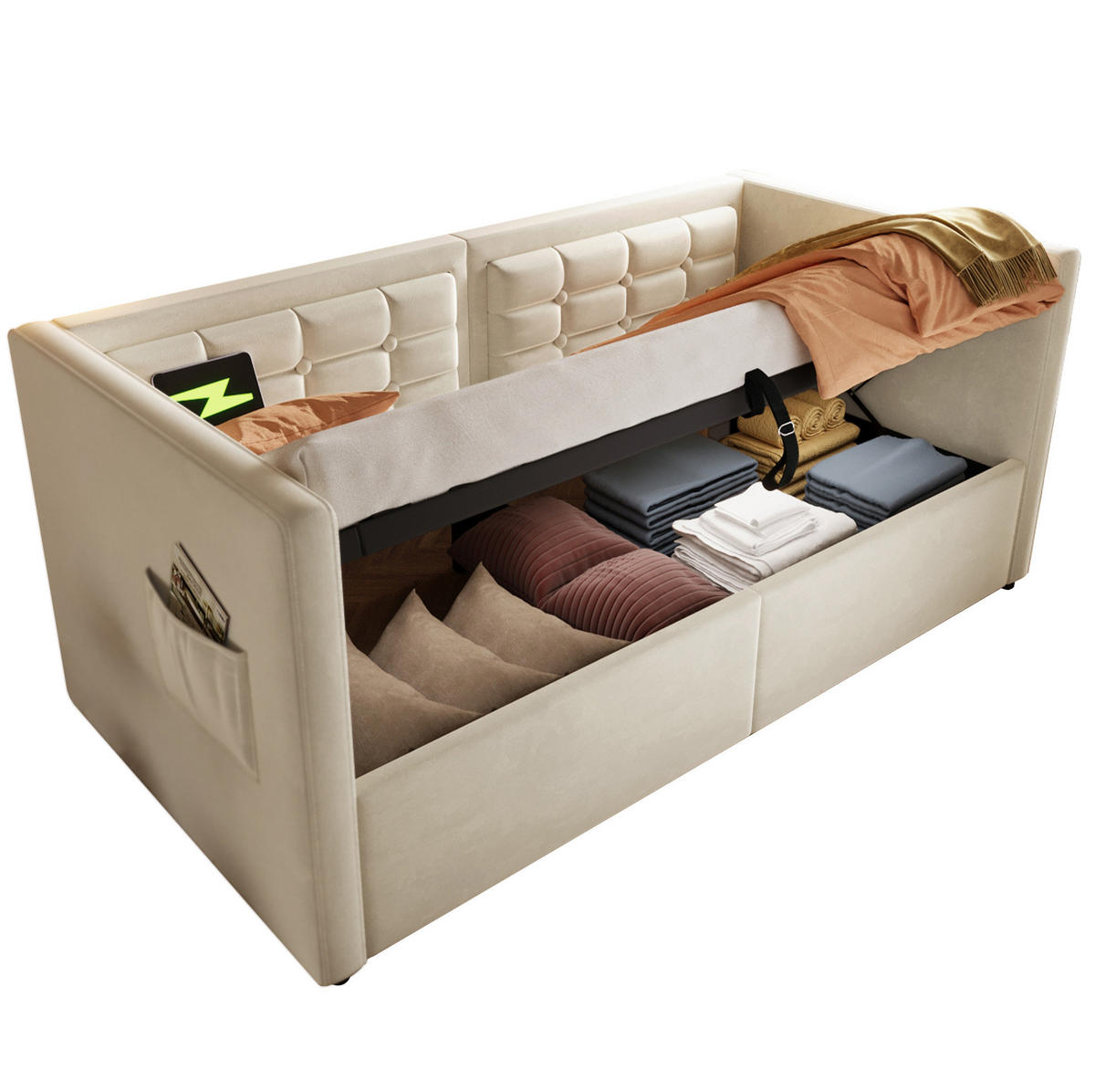 BETT 90/200 cm in Beige mit Stauraum und USB- und Type-C-Anschlüssen - Beige, Textil (90/200cm) - Flora Grace
