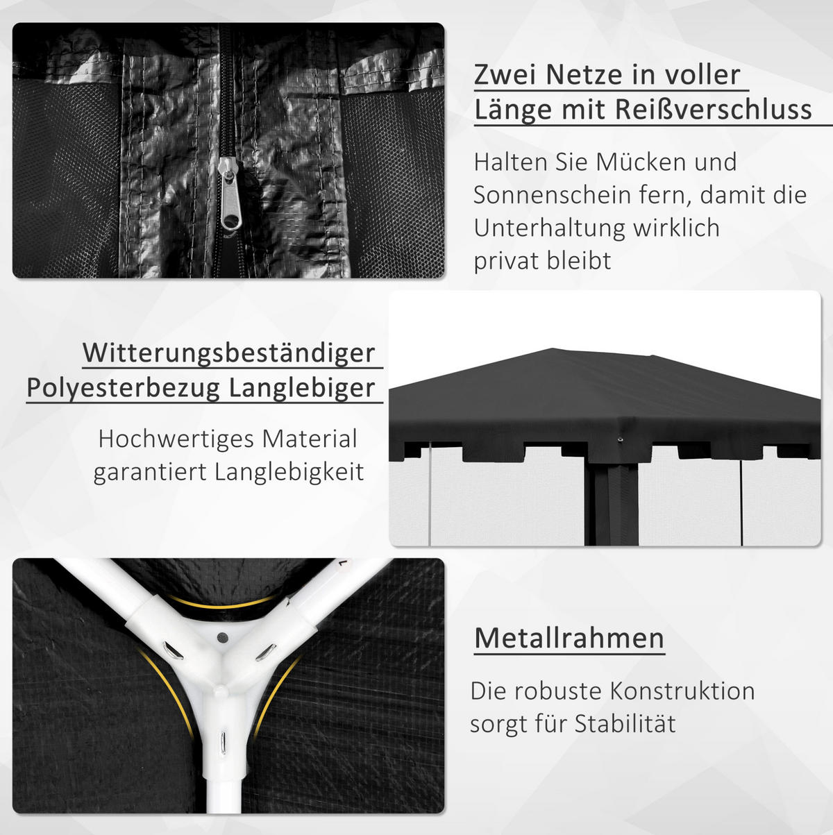 PAVILLONS aus Metall 395x295x255 cm in Dunkelgrau mit Moskitonetz-Seitenwänden - Dunkelgrau, Metall (295/255/395cm) - Modfu