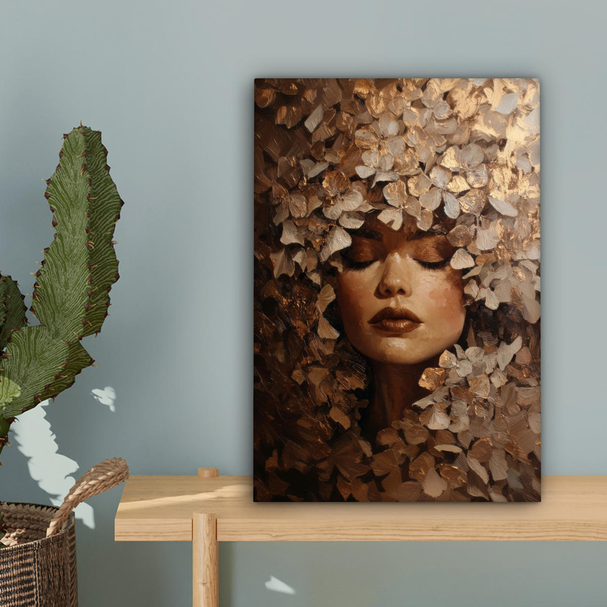 LEINWANDBILD Gesicht - Dame - Blätter - Pinselstriche Deko Wohnzimmer 20x30 cm - Goldfarben, Textil (20/30cm) - MuchoWow