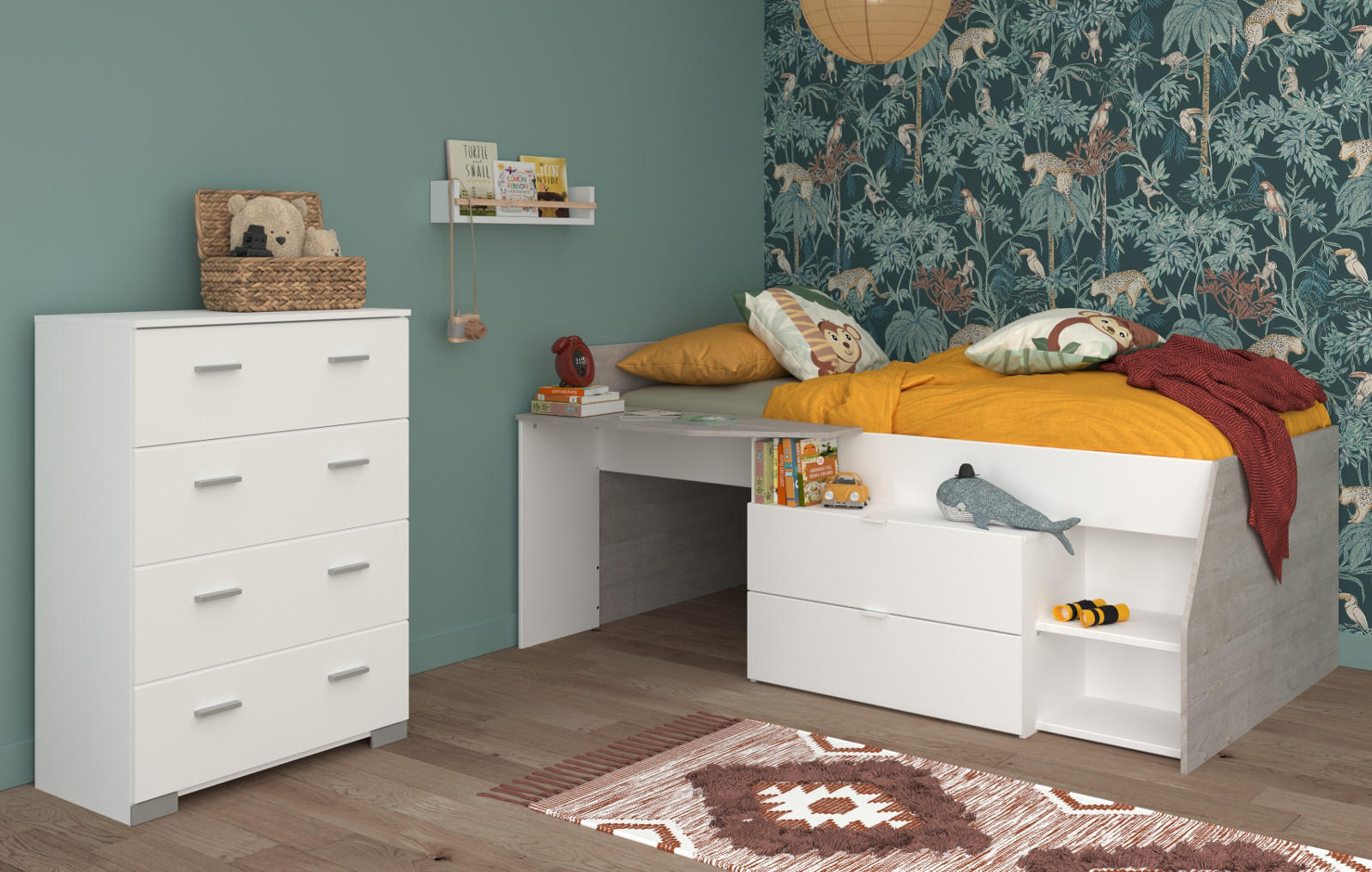 KINDERZIMMER weiß, grau, Set 2-teilig mit Stauraumbett, Kommode - Silberfarben/Weiß, Holzwerkstoff/Kunststoff (135/106/203cm) - Parisot Meuble