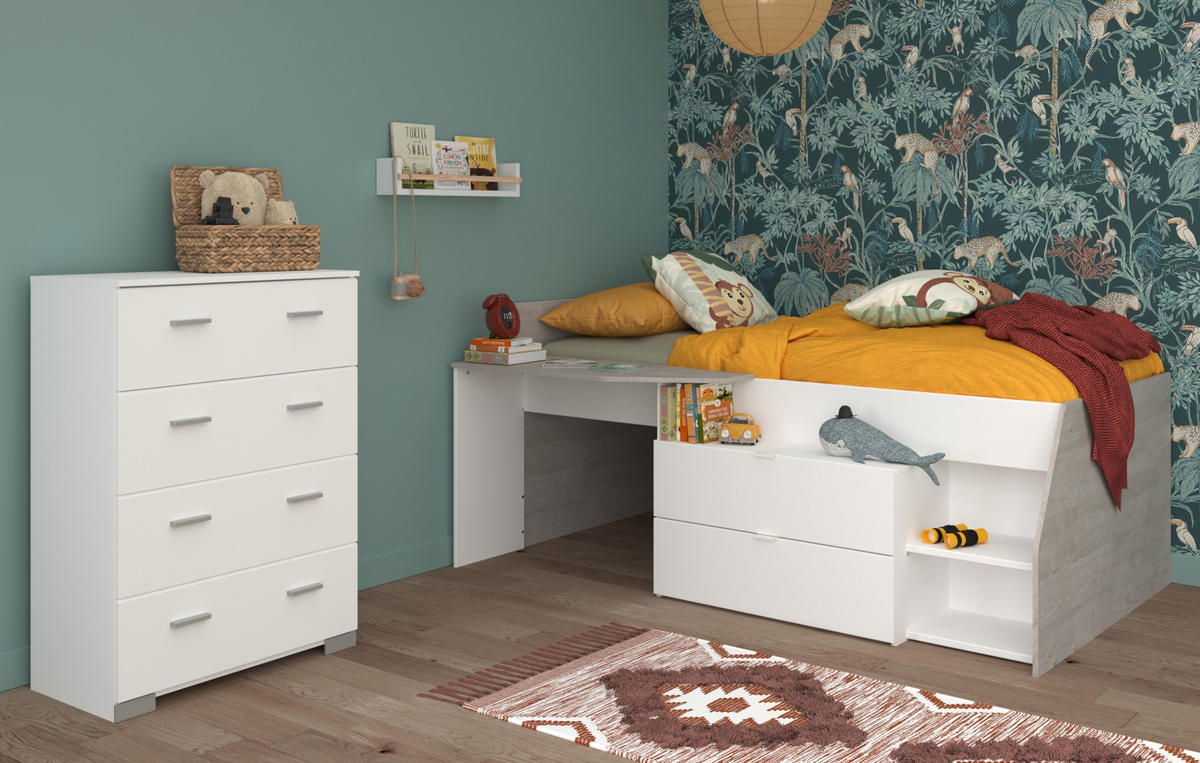 KINDERZIMMER weiß, grau, Set 2-teilig mit Stauraumbett, Kommode - Silberfarben/Weiß, Holzwerkstoff/Kunststoff (135/106/203cm) - Parisot Meuble
