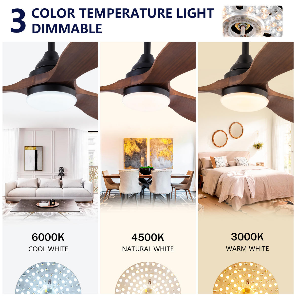 DECKENVENTILATOR DE-16254 52 Zoll mit CCT LED & Holzflügel Schwarz - Walnussfarben, Holz/Metall (132/132/37cm) - ComfortXL