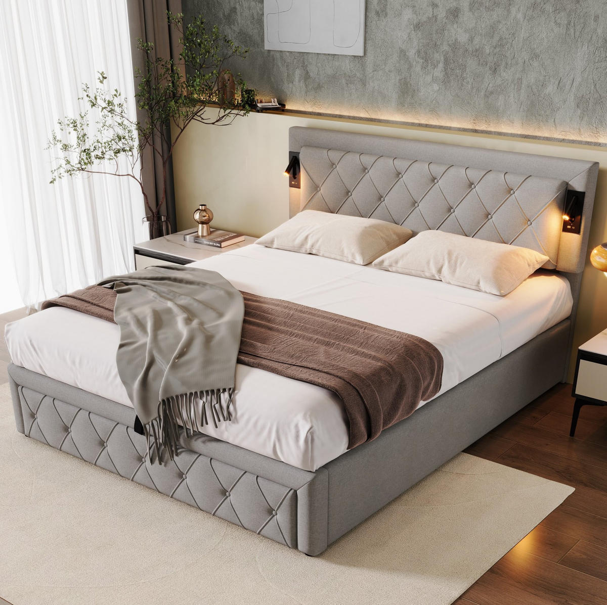 POLSTERBETT 160/200 cm mit Downlights, USB und hydraulischem Stauraum, Leinen, Grau - Grau, Textil (160/200cm) - Redom