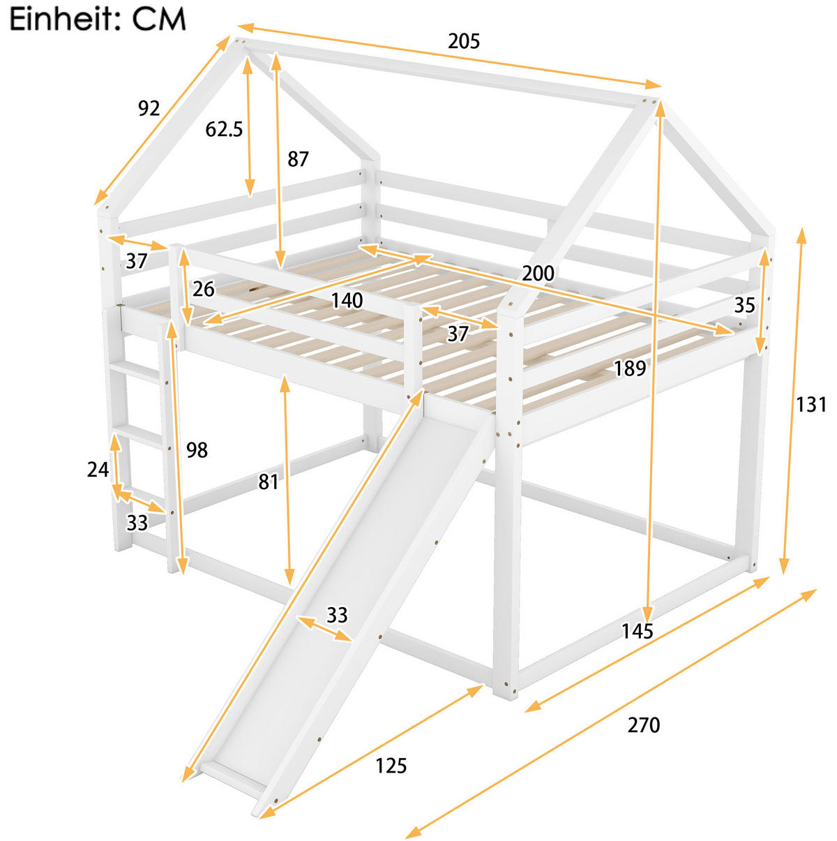 ETAGENBETT Hausbett mit Rutsche und Leiter, Weiß, 140/200 cm - Weiß, Holz (140/200cm) - MIVRAY