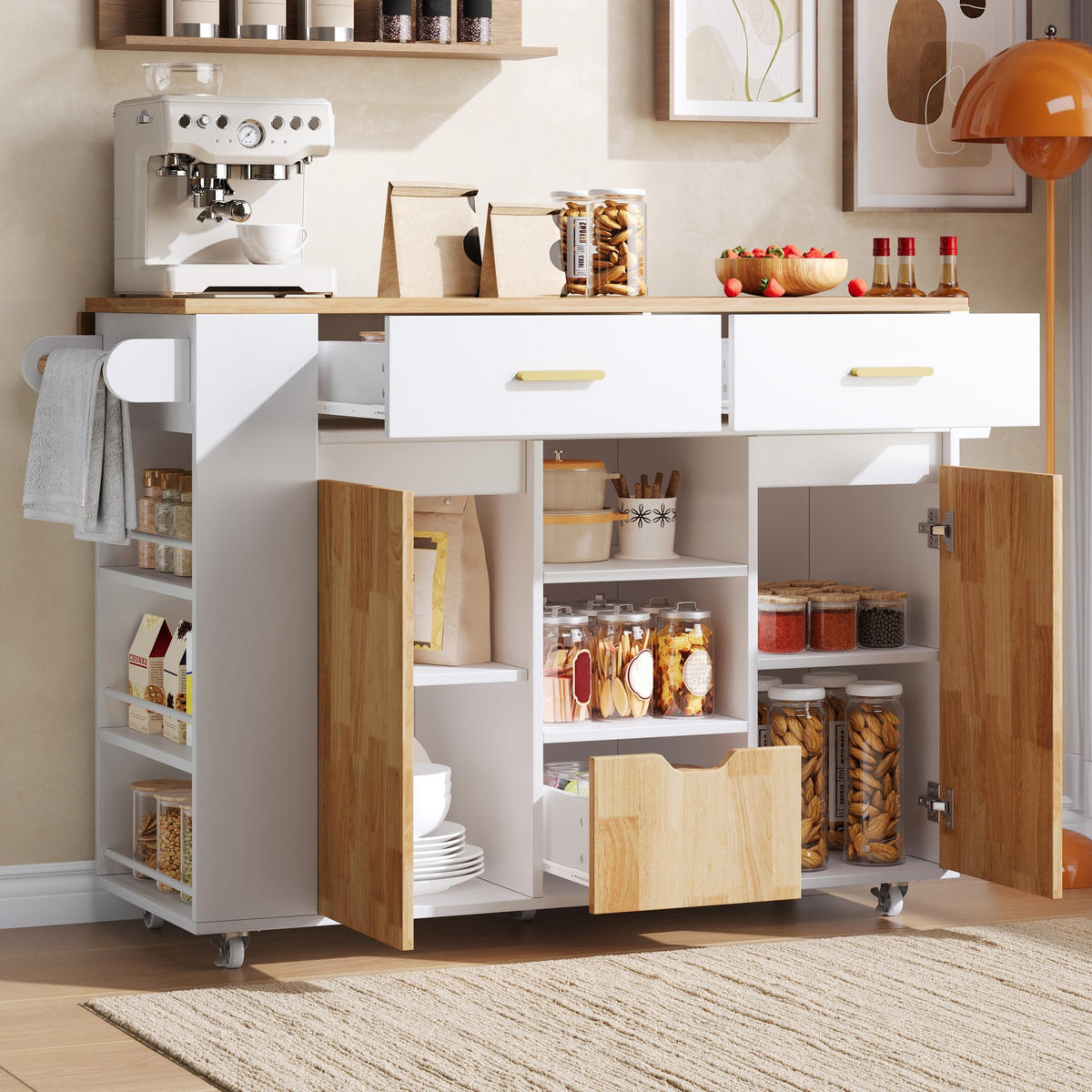 KÜCHENINSEL DE-41417 120/45-71/90 cm, klappbare Arbeitsplatte, Gewürzregal Weiß - Weiß, Holzwerkstoff (120/90/71cm) - ComfortXL