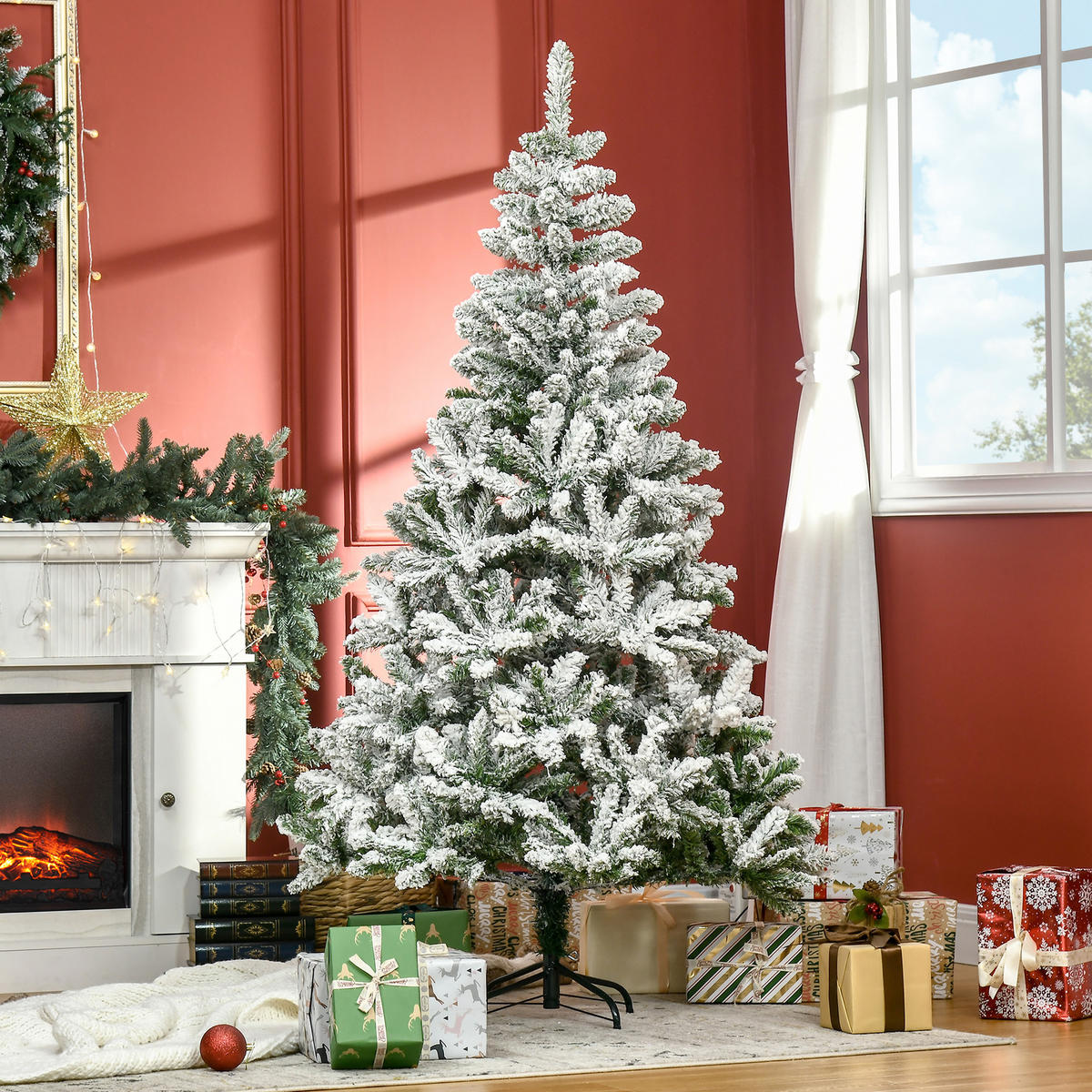 HOMCOM Künstlicher Weihnachtsbaum, 180 cm Christbaum mit Kunstschnee, Indoor - Grün, Holzwerkstoff/Metall (180cm) - HOMCOM