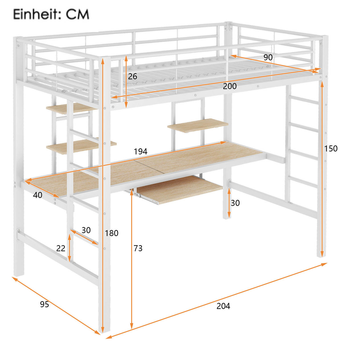 HOCHBETT aus Metall 90x200 cm Weiß mit Schreibtisch, 2 Regalen und Leiter, platzsparend - Weiß, Metall (90/200cm) - Modfu