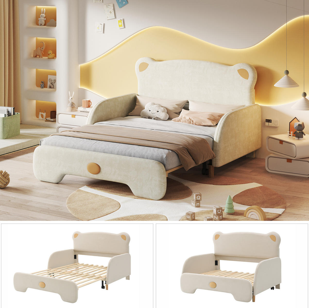 POLSTERBETT 140/200 cm aus Samt mit Bärenform und Ausziehbett Beige - Beige, Textil (140/200cm) - Modenvie