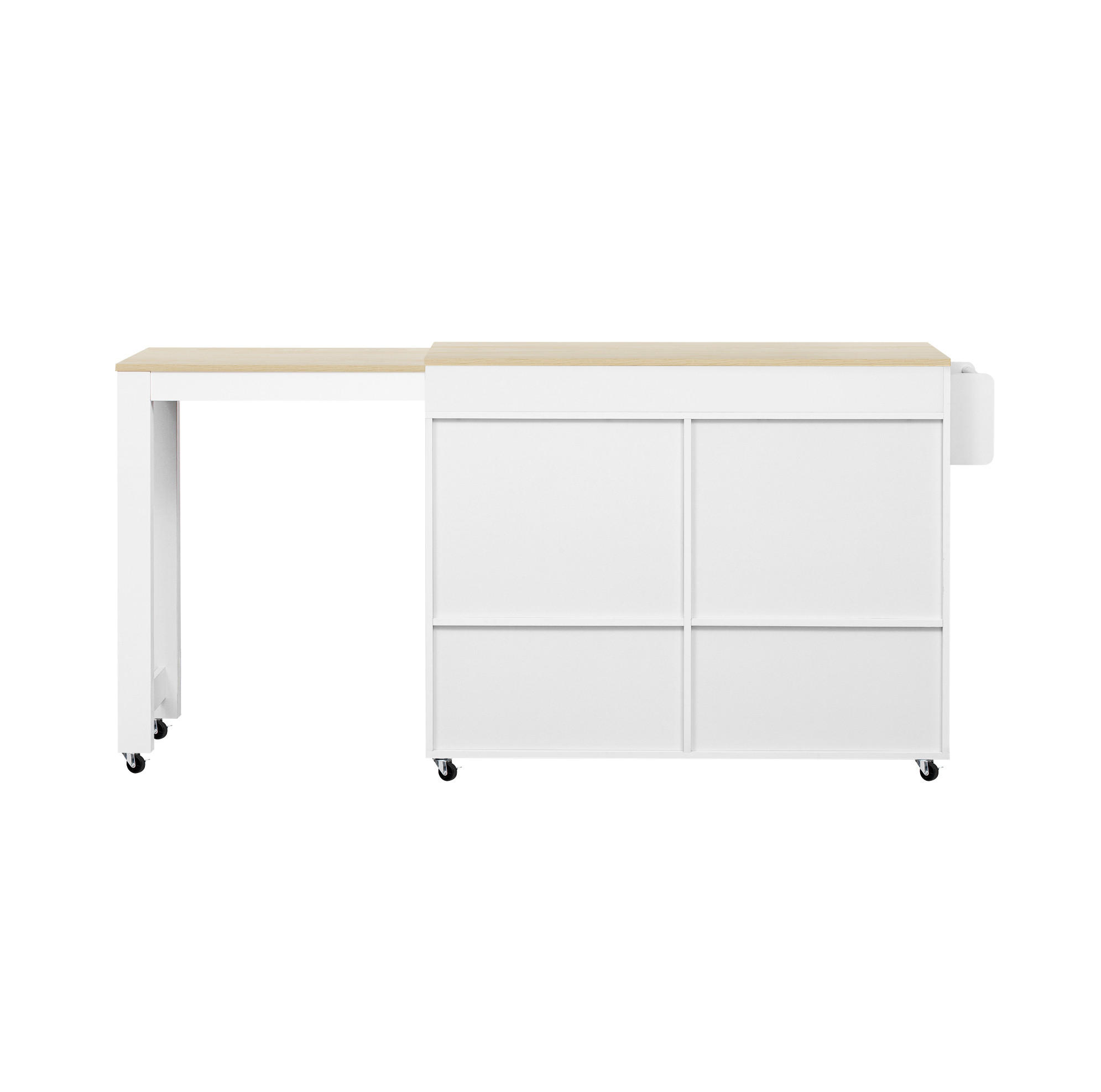 KUCHYŇSKÝ ostrůvek 112-180,5/45/92,2 cm s výsuvnou pracovní deskou, zásuvkami a kolečky, bílá/přírodní - bílá, kompozitní dřevo (180.5/92.2/45cm) - Redom