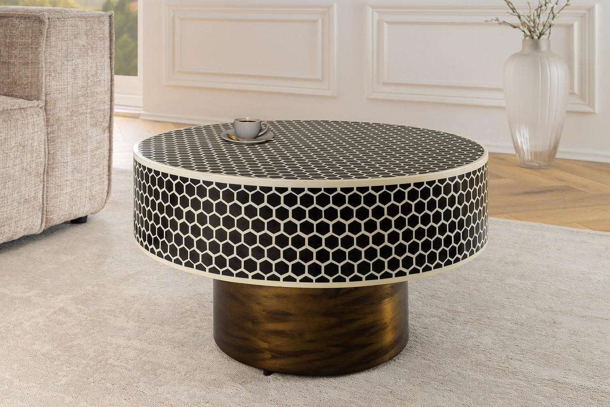 COUCHTISCH HARMONY NATURE Eisen rund Schwarz|Weiß 60cm - Goldfarben/Schwarz, Kunststoff/Metall (60/60/35cm) - riess-ambiente