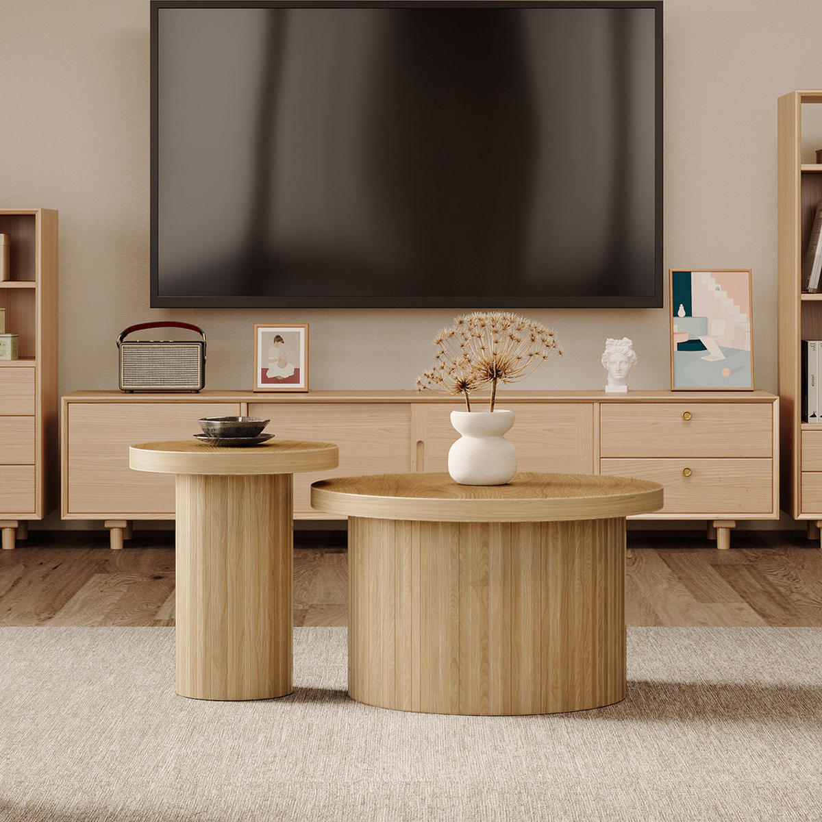 COUCHTISCH Doppel Rund Naturholzlatten Multifunktional Beistelltisch Modern - Braun, Holz (81.28/78.74/19.05cm) - FLIEKS