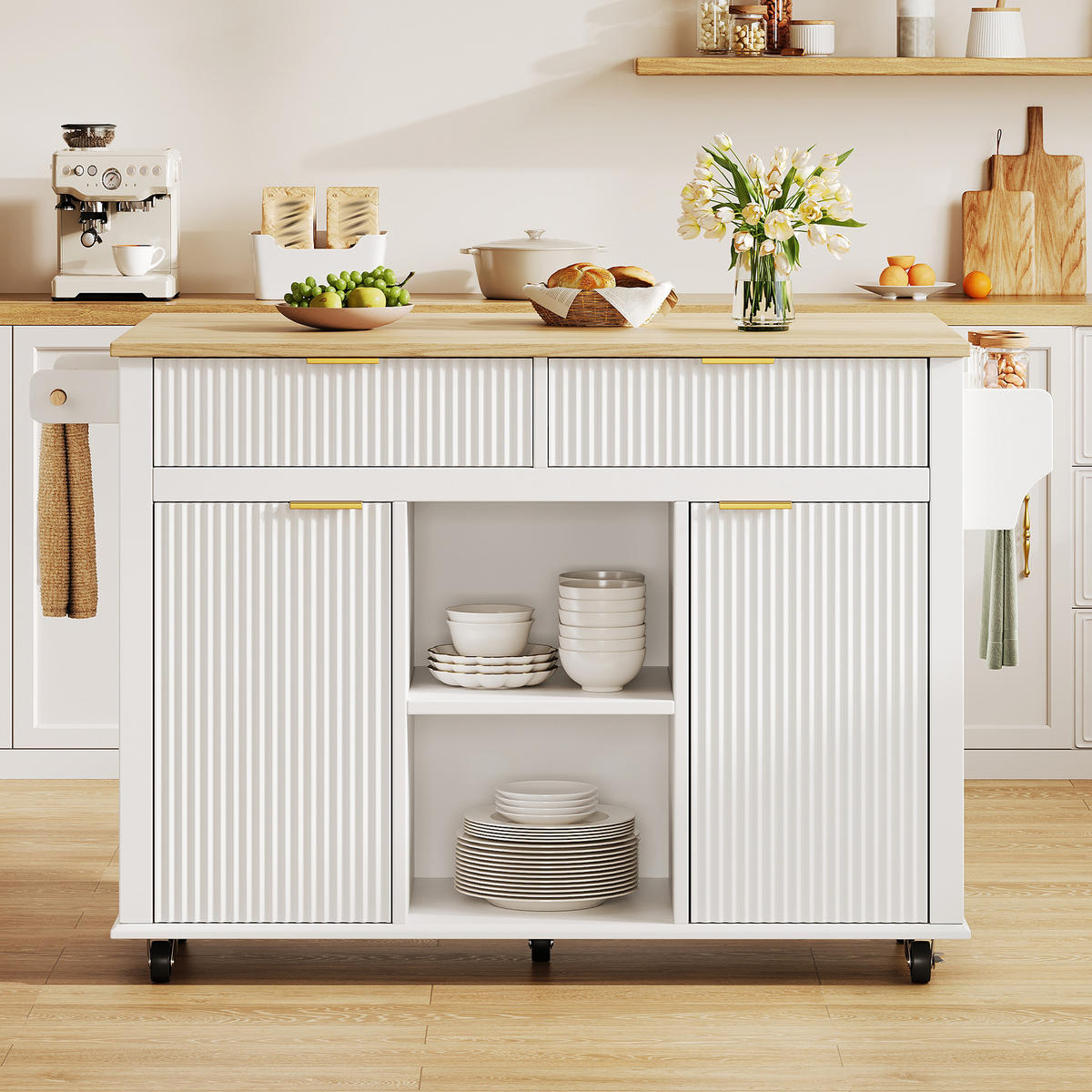 KÜCHENINSEL DE-41395 143/45-69/89,5 cm, klappbare Arbeitsplatte, 2 Schubladen Weiß - Weiß, Holzwerkstoff (143/89.5/45cm) - ComfortXL