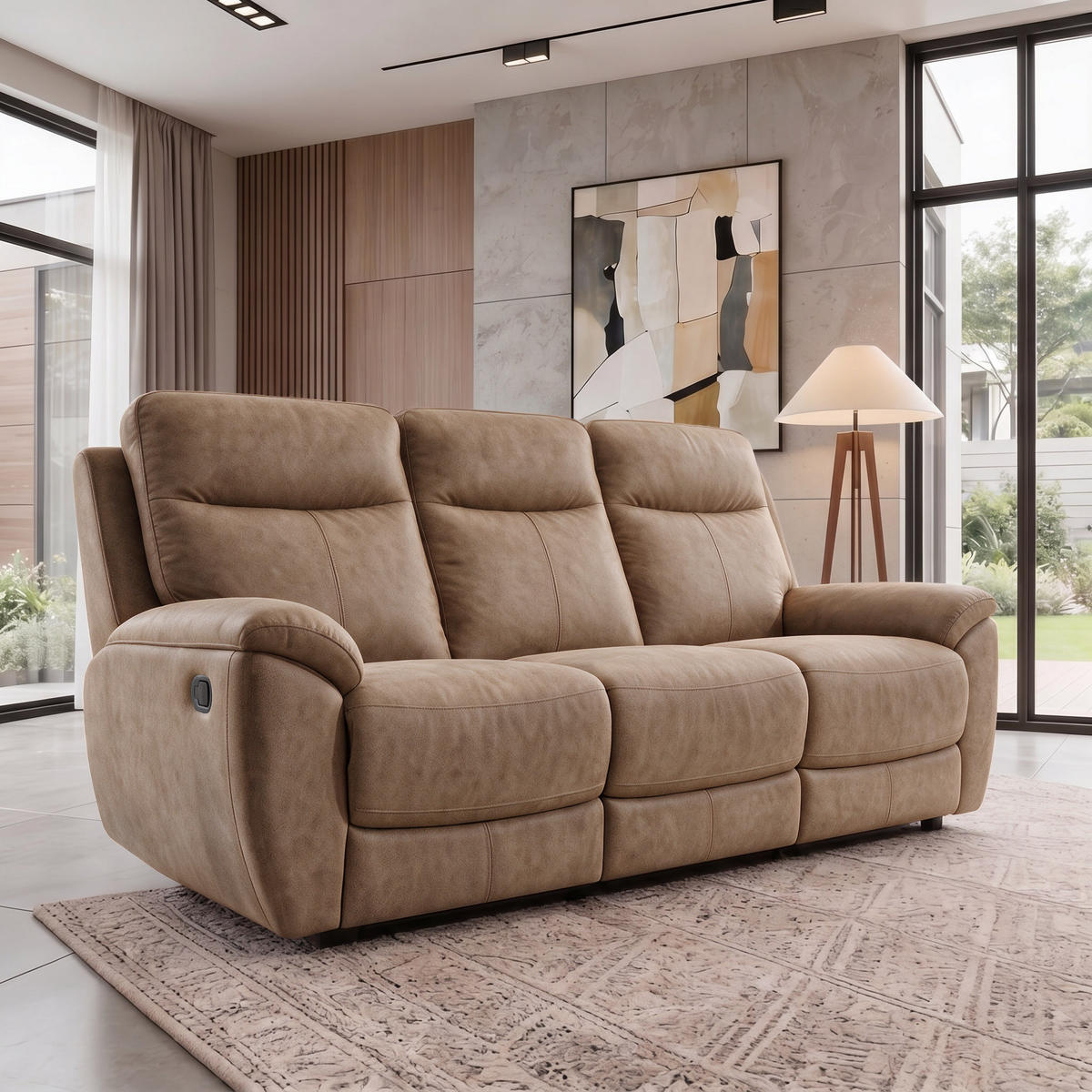 SITZGARNITUR Dolce, Sofa+zwei Sesseln mit Relaxfunktion, Sandfarben, Velours - Braun, Textil (215/106/100cm) - Beautysofa