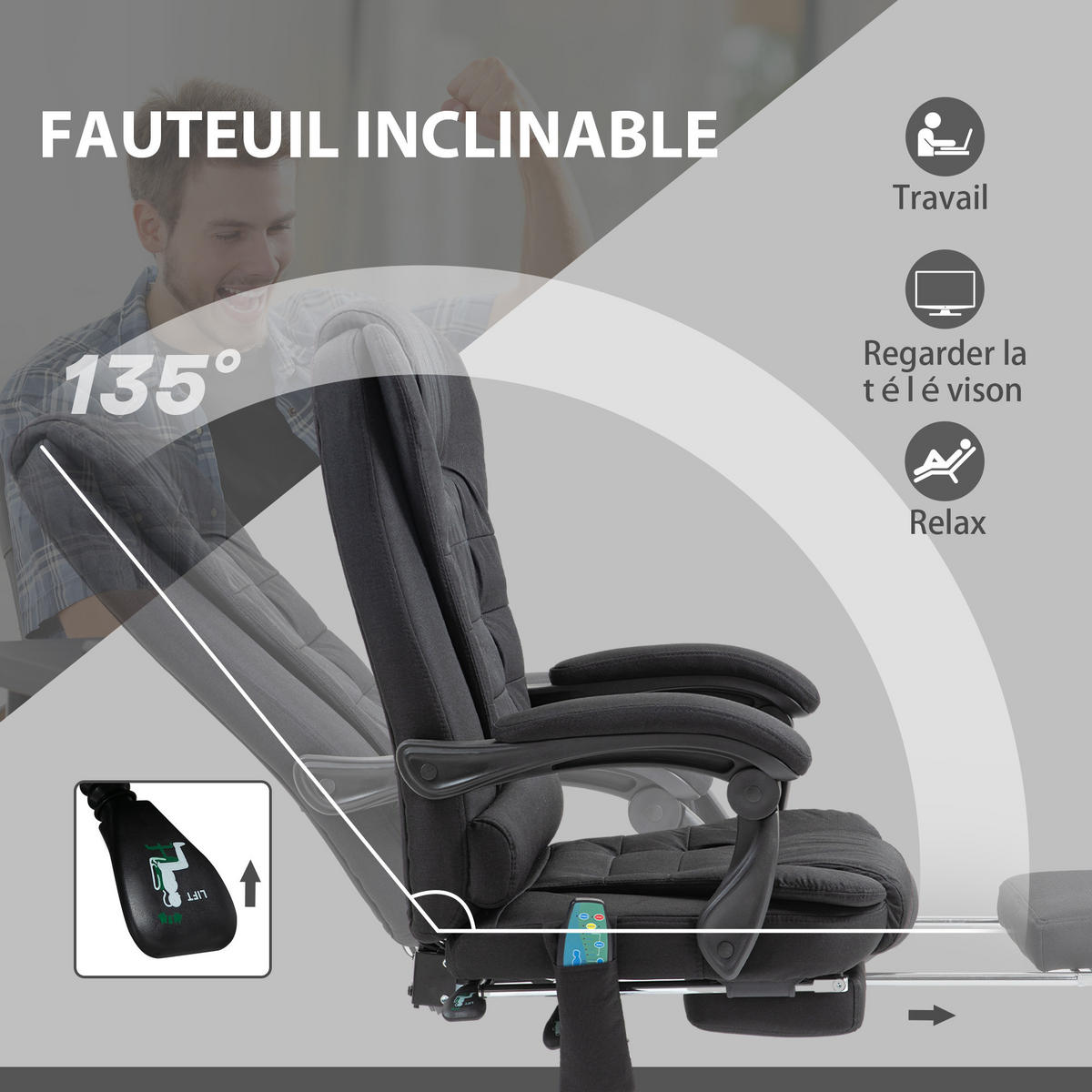 CHEFSESSEL DE-11715 Massage- & Heizfunktion mit neigbarer Rückenlehne Schwarz - Schwarz, Textil (70/119/65cm) - ComfortXL