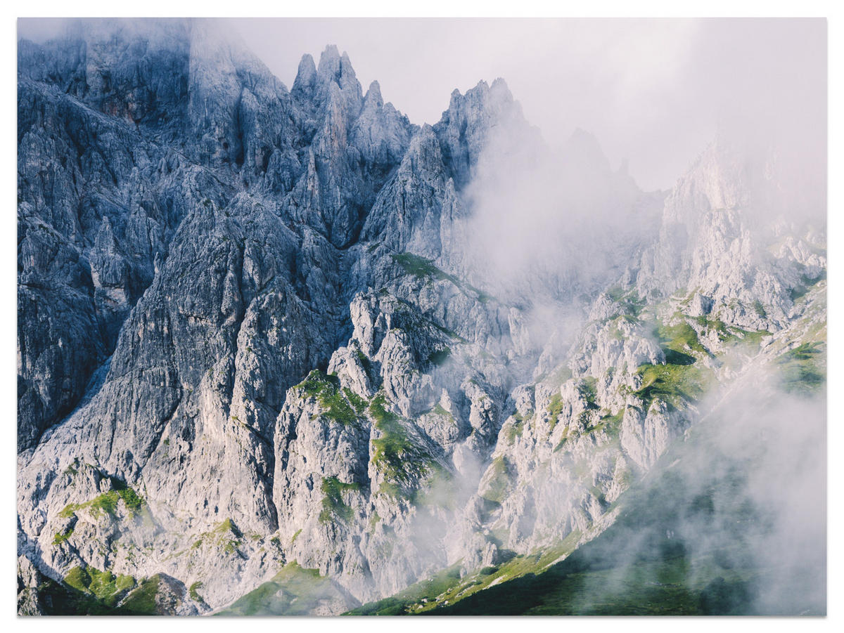 FOTOTAPETE für Wohnzimmer Felsige Berge Nebel Moos 500x350 - Blau/Weiß, Papier (500/350cm) - Muralo