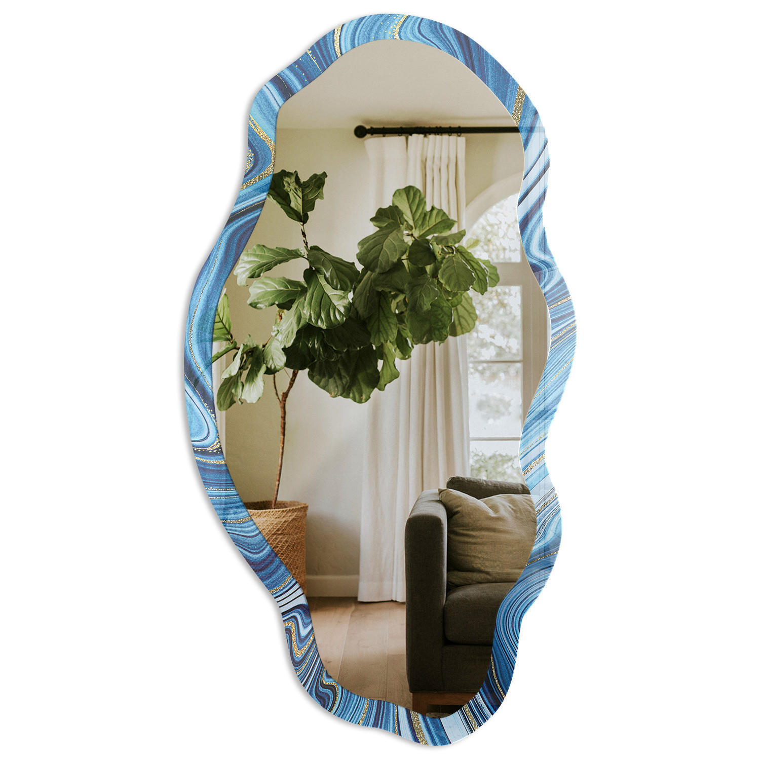 SPIEGEL 90x45 cm asymmetrisch mit Druck - Blauer Marmor - Transparent, Glas (45/90/0.4cm) - TULUP