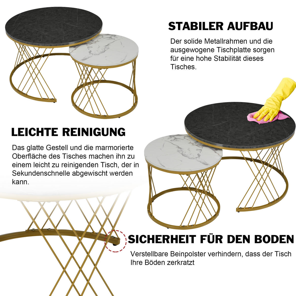 COUCHTISCH SET 2 Marmor Furnier Rund Gold Rahmen Nesting Tische - Grau, Holzwerkstoff (70/70/45cm)