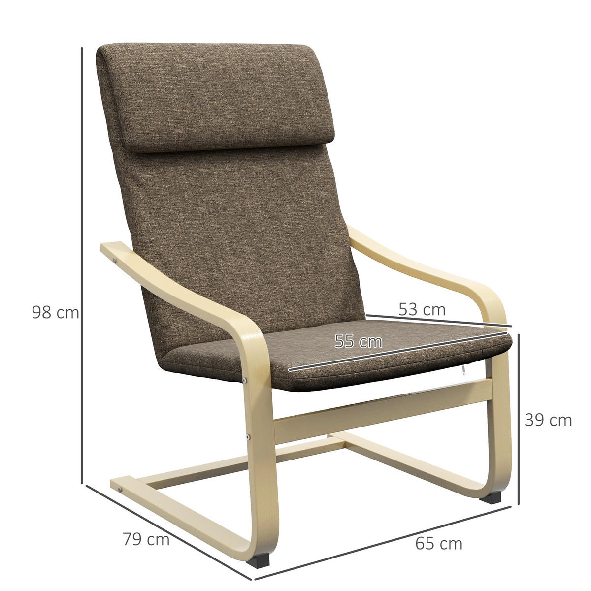 SESSEL mit Kopfstütze und Armlehnen, Bezug in Leinenoptik, Holzgestell, Braun - Braun, Kunststoff (79/98/65cm) - HOMCOM