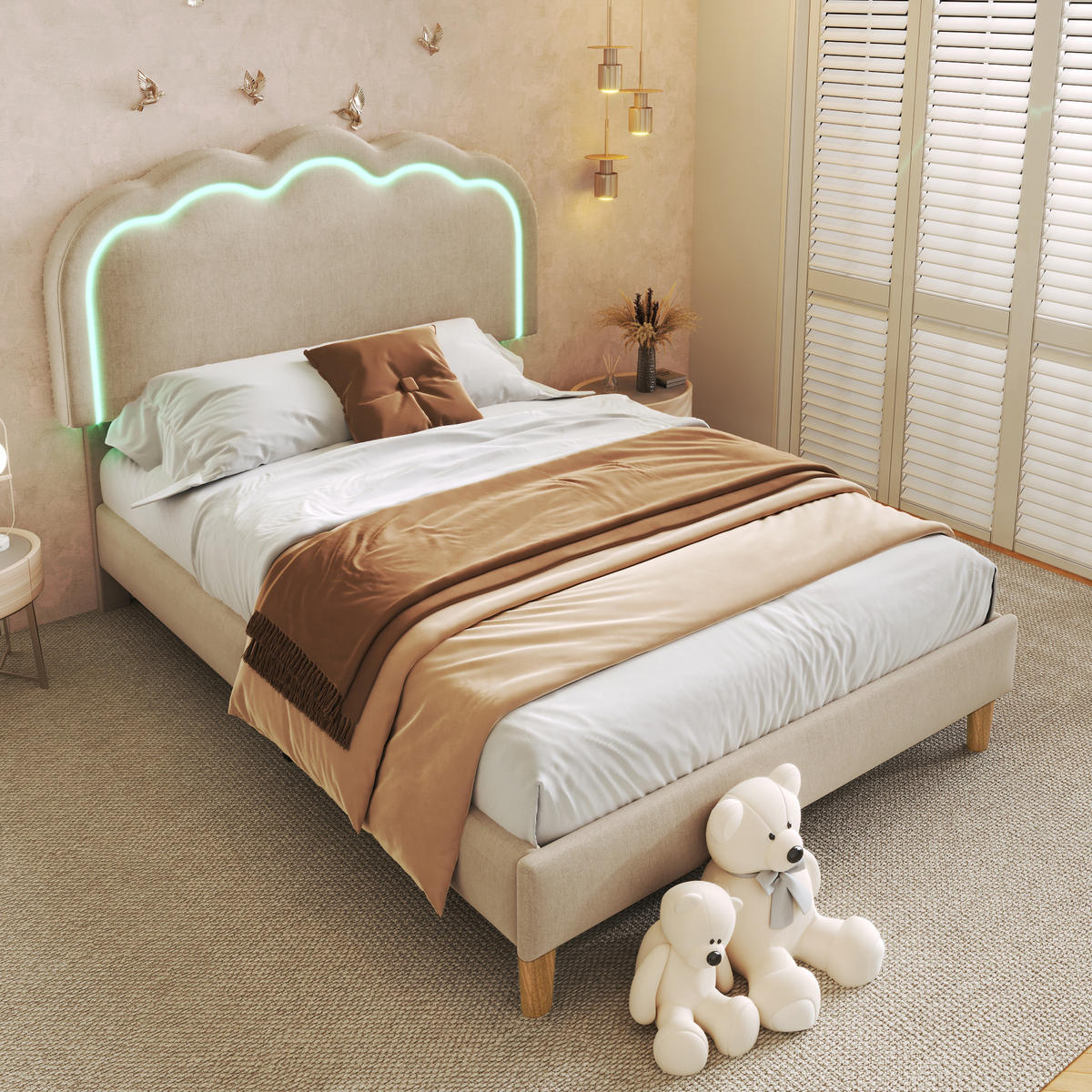 POLSTERBETT 90/200 cm in Beige Samt mit Lattenrost - Beige, Holz/Textil (90/200cm) - KOMHTOM