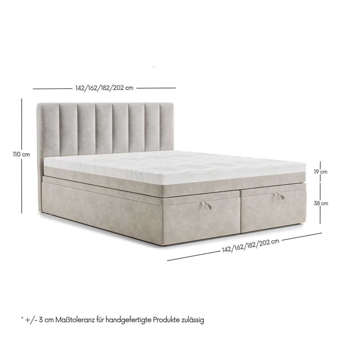 BOXBETT 180/200 cm Lovage M, in Beige, Matratze, gepolstertes Kopfteil, Bettkasten, H3 = fest - Beige/Schwarz, Holz/Holzwerkstoff (180/200cm) - Maison de Reve
