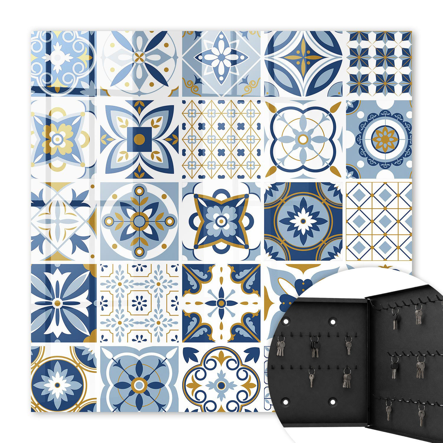 SCHLÜSSELBOX Schwarz 30x30 cm- Türöffnung nach rechts - Bunte Fliesen - Blau, Metall (30/30/5cm) - TULUP