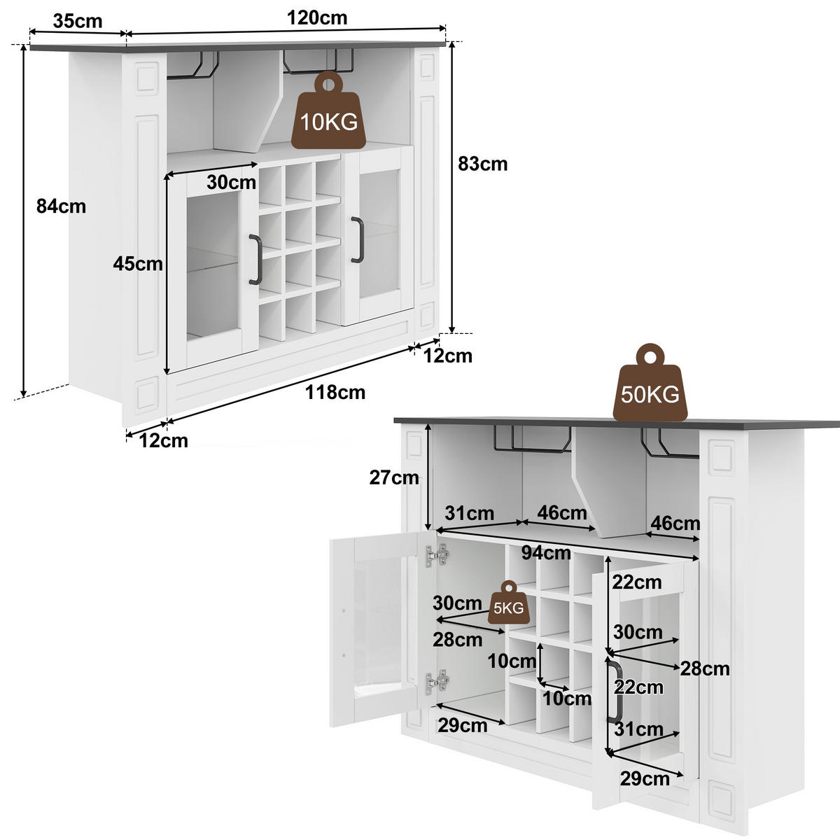 WEINSCHRANK DE-38730 120/35/84 cm LED-Beleuchtung und 12 Weinfächer Weiß - Weiß, Holzwerkstoff (120/84/35cm) - ComfortXL