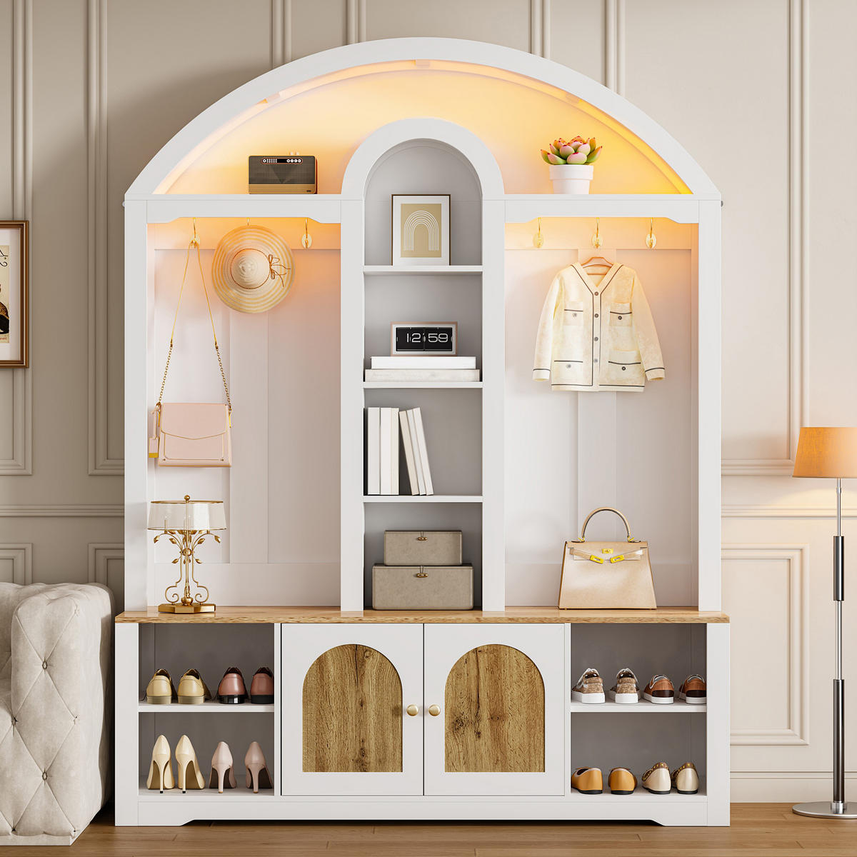 GARDEROBE Flur geschwungenes Design offene Regale LED Hakenleiste multifunktionaler Stauraum - Weiß, Holzwerkstoff/Metall (150/195/40cm) - EVRYAE