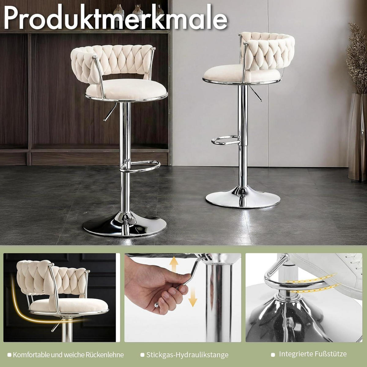 BARHOCKER 2er Set Samt Beigeweiß Höhenverstellbar - Weiß, Textil (48/78/51cm)