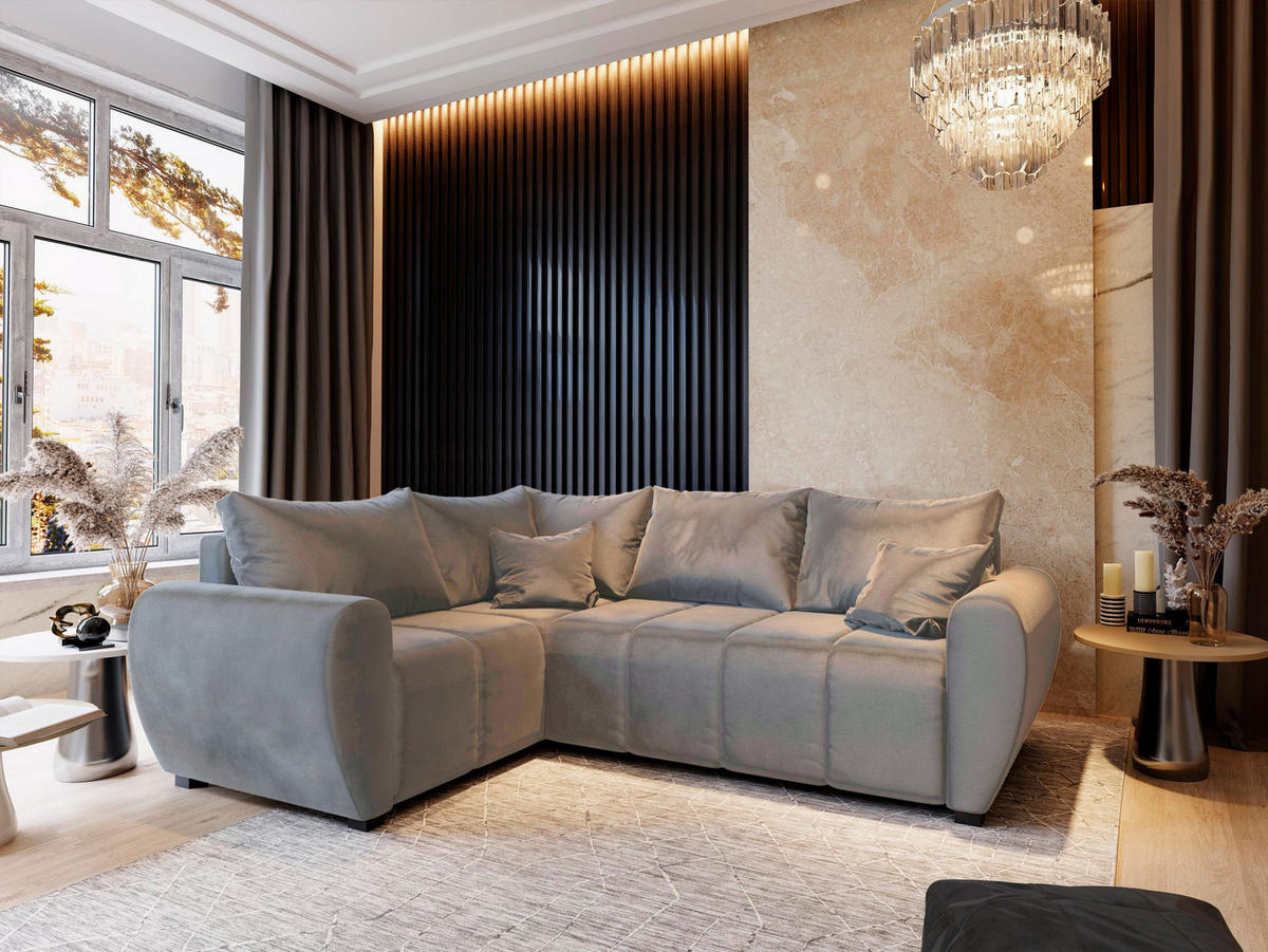 ECKSOFA MADISON L L-S Beige Plüsch-Stoff mit Schlaffunktion - Beige, Holz (235/175cm) - MASSENO
