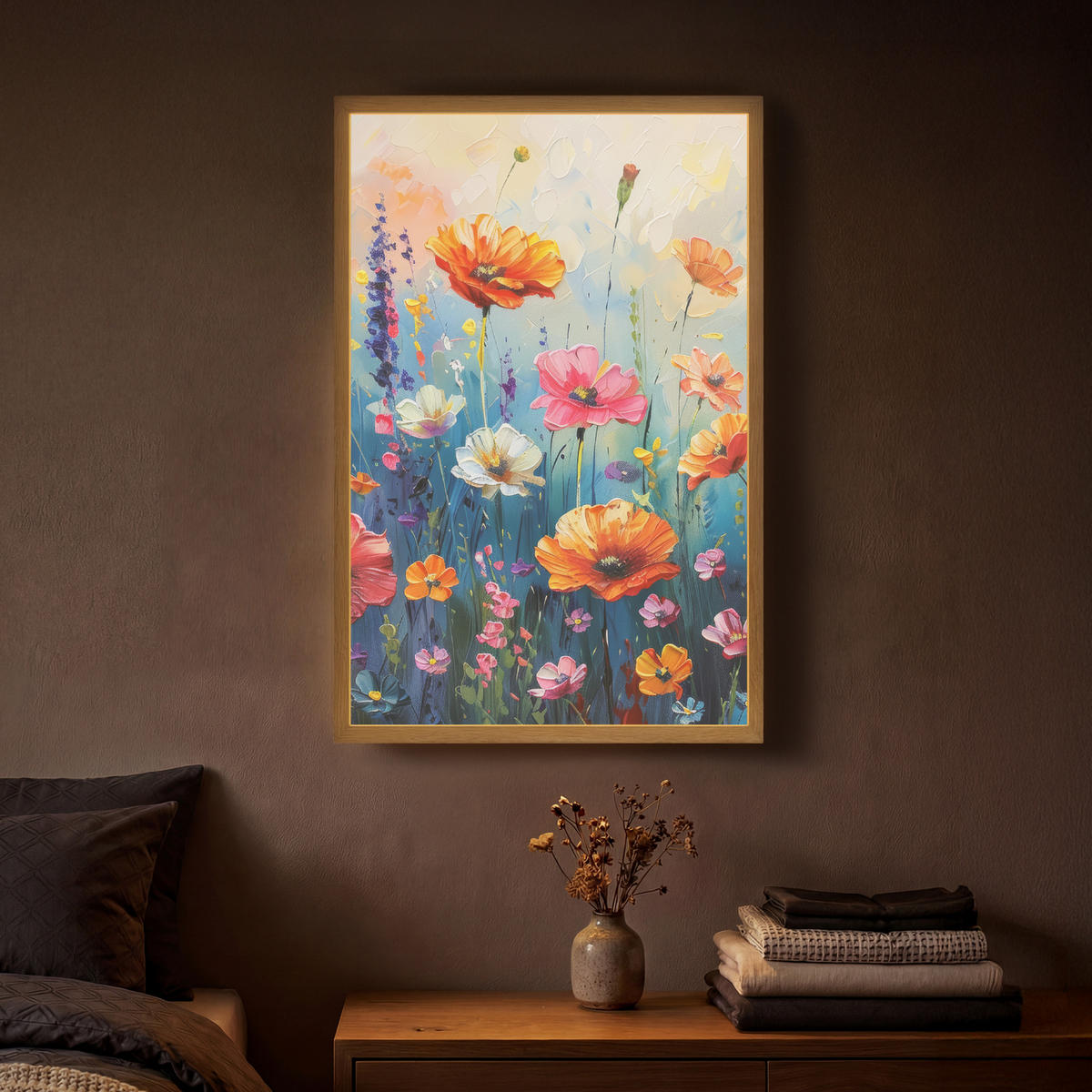 NÁSTĚNNÁ LAMPA S AKUMULÁTOREM Květiny - Příroda - Akvarel - Umění 40x60 cm - různobarevná, kompozitní dřevo (40/60/8cm) - OnlyWow
