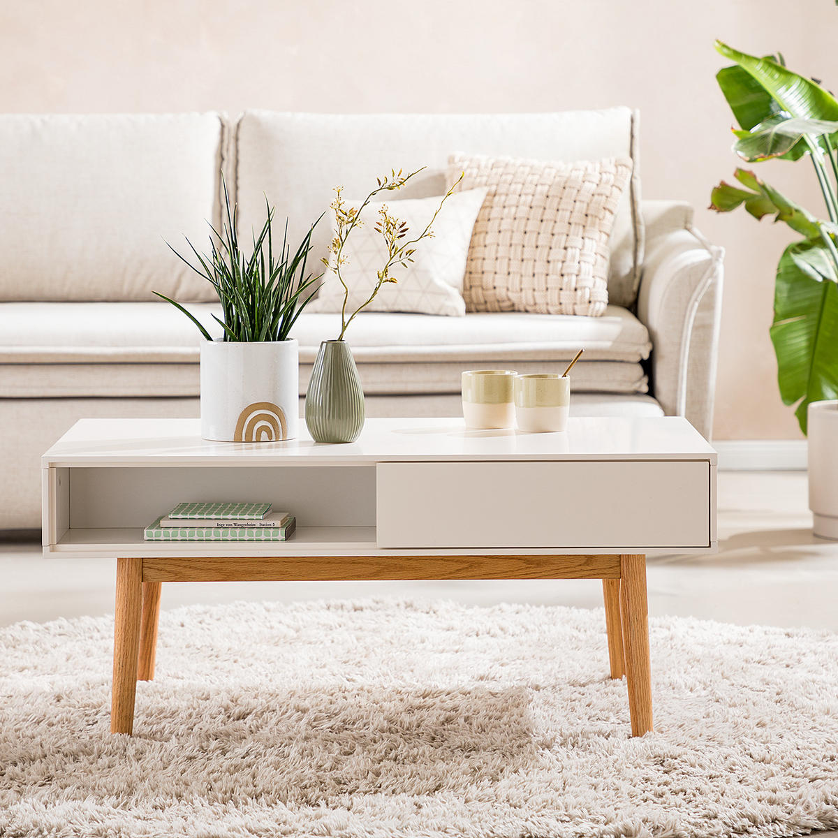 COUCHTISCH mit 2 Schubladen - Weiß / Eiche - Eichefarben/Weiß, Eichenholz/Holz (60/100/45cm) - home24