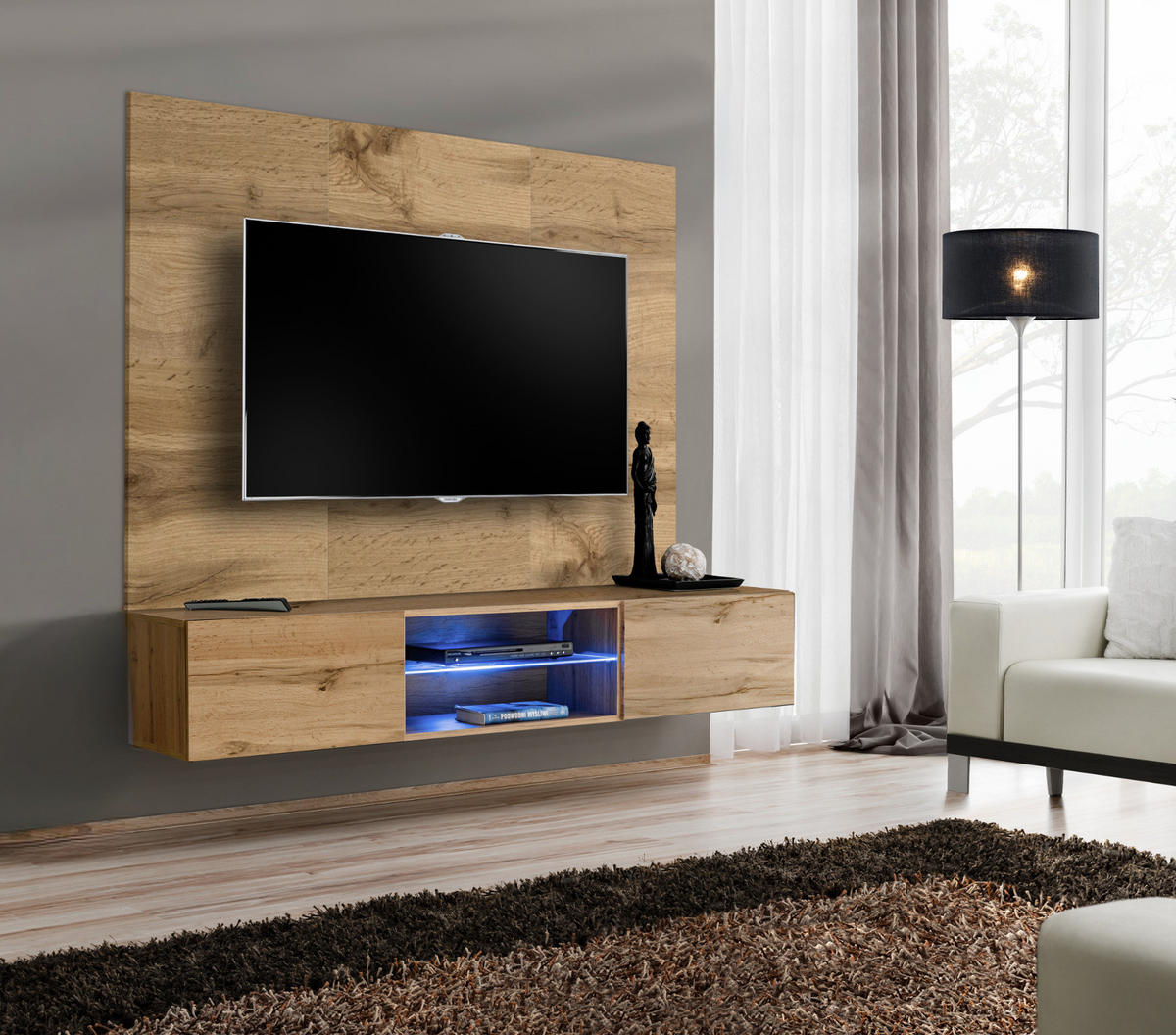 TV-LOWBOARD Eiche Wotan 180 cm hängend, Set inklusive LED-Beleuchtung und Akustikpaneel - Eiche Wotan, Glas/Holzwerkstoff (180/148/40cm) - Inn.Furn