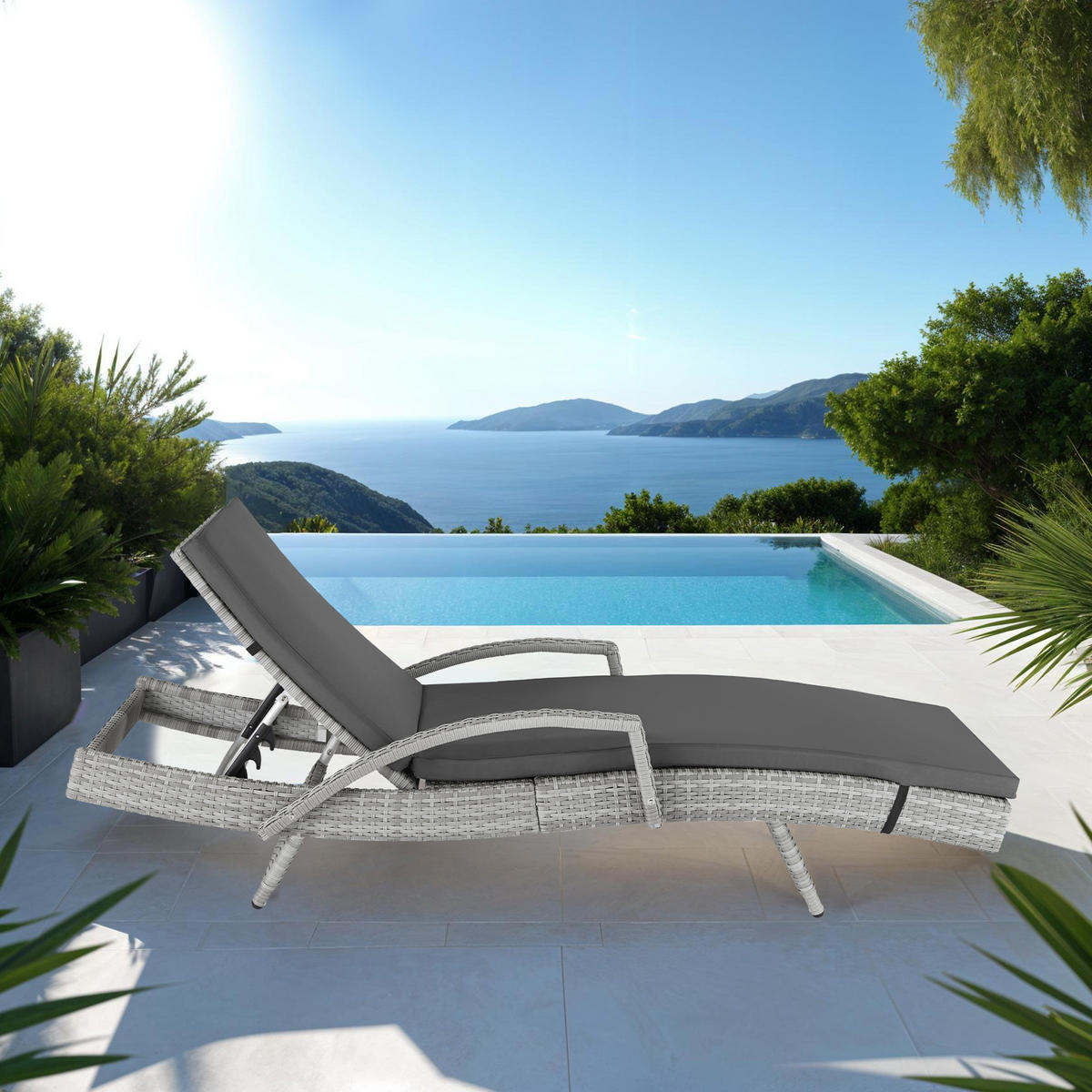 RATTAN-SONNENLIEGE Océane,190 x 71 x 34 – 74,5 cm,hellgrau - Hellgrau, Kunststoff (71/74.5/190cm) - tectake